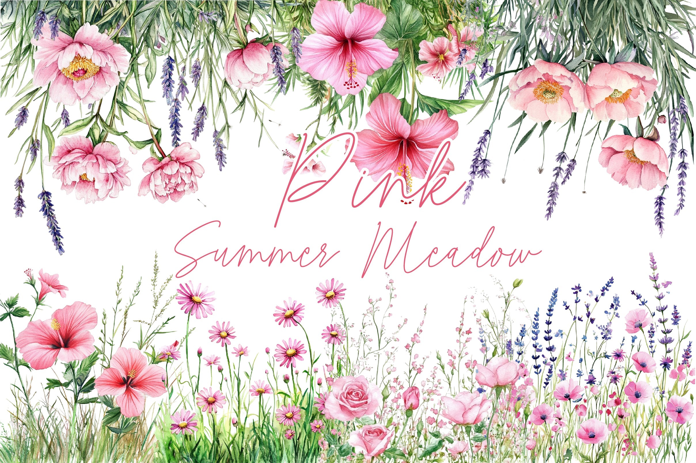 Pink Summer Meadow Clipart Bundle