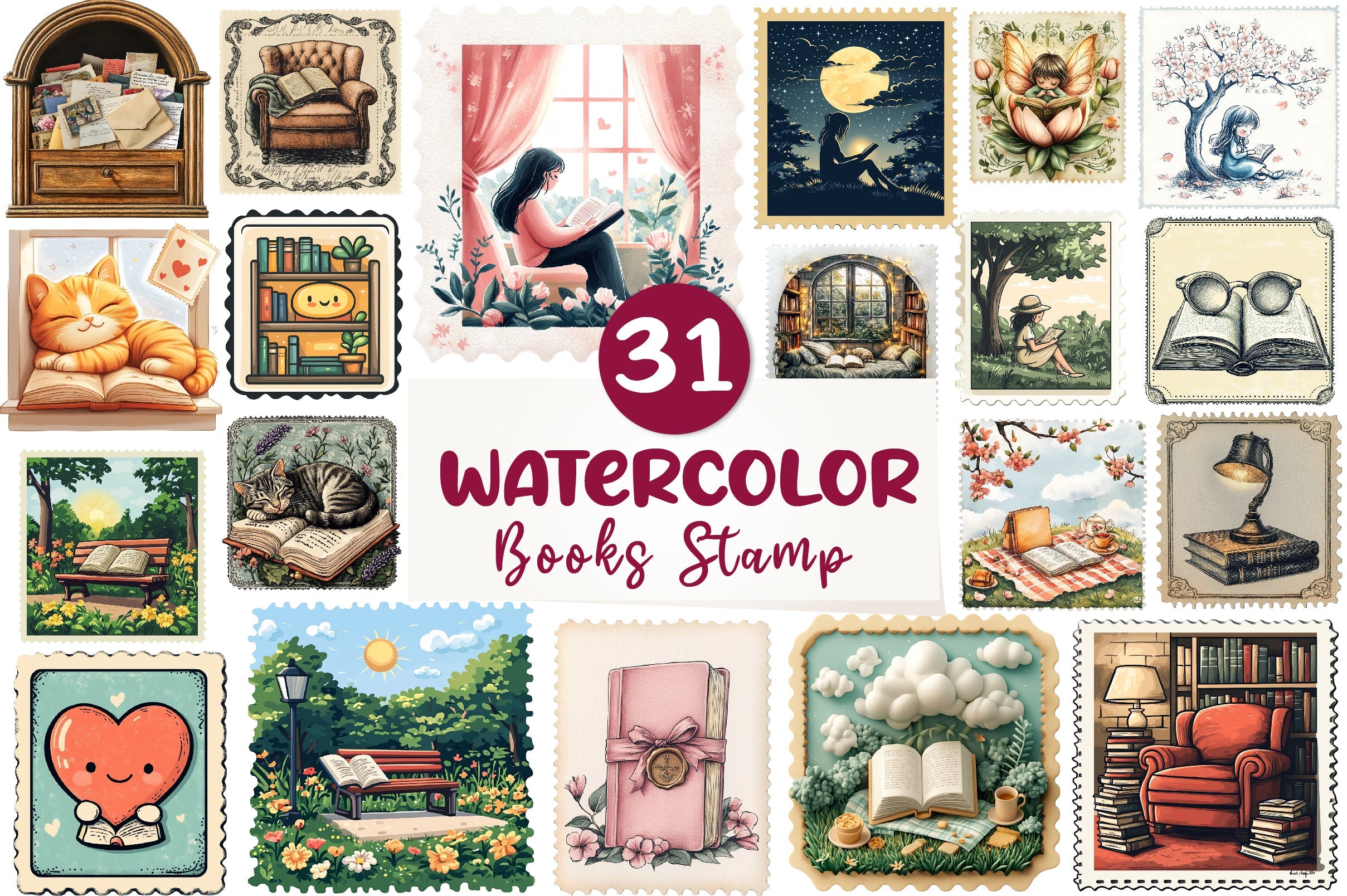 Reading Books Postage Stamp Clipart Bundle