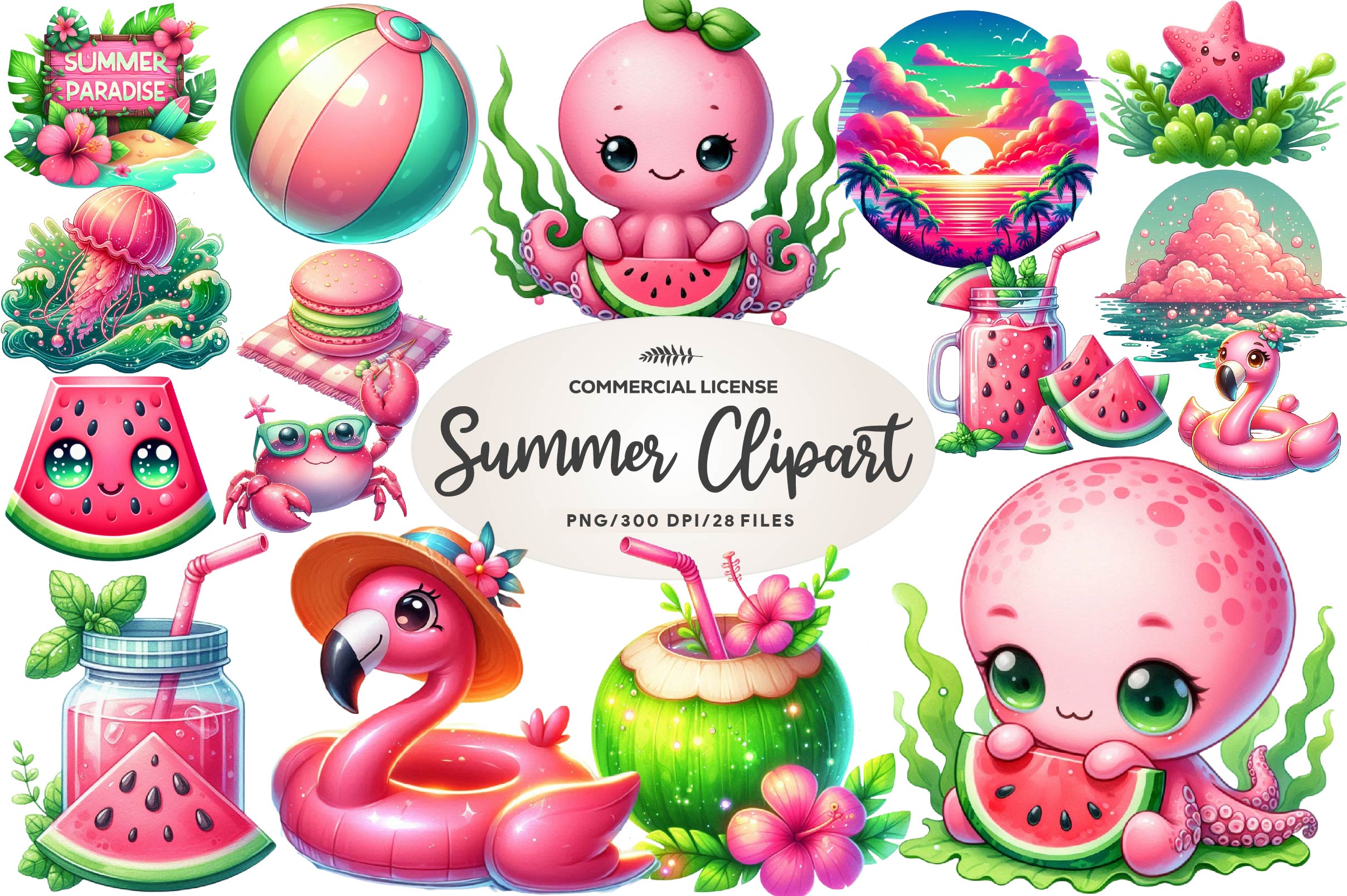 Pink And Green Summer Clipart Bundle