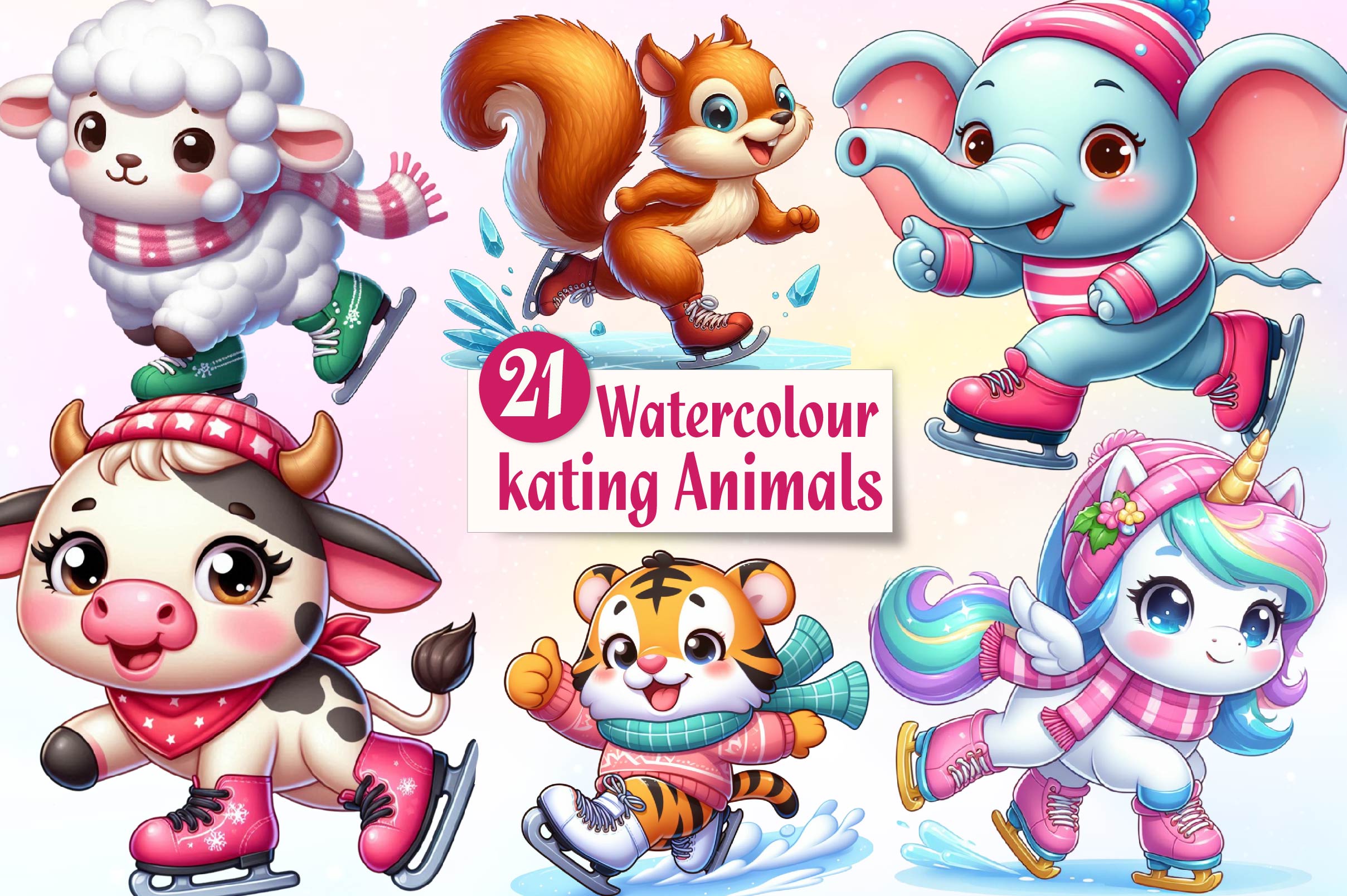 Baby Animals Skating Clipart Bundle