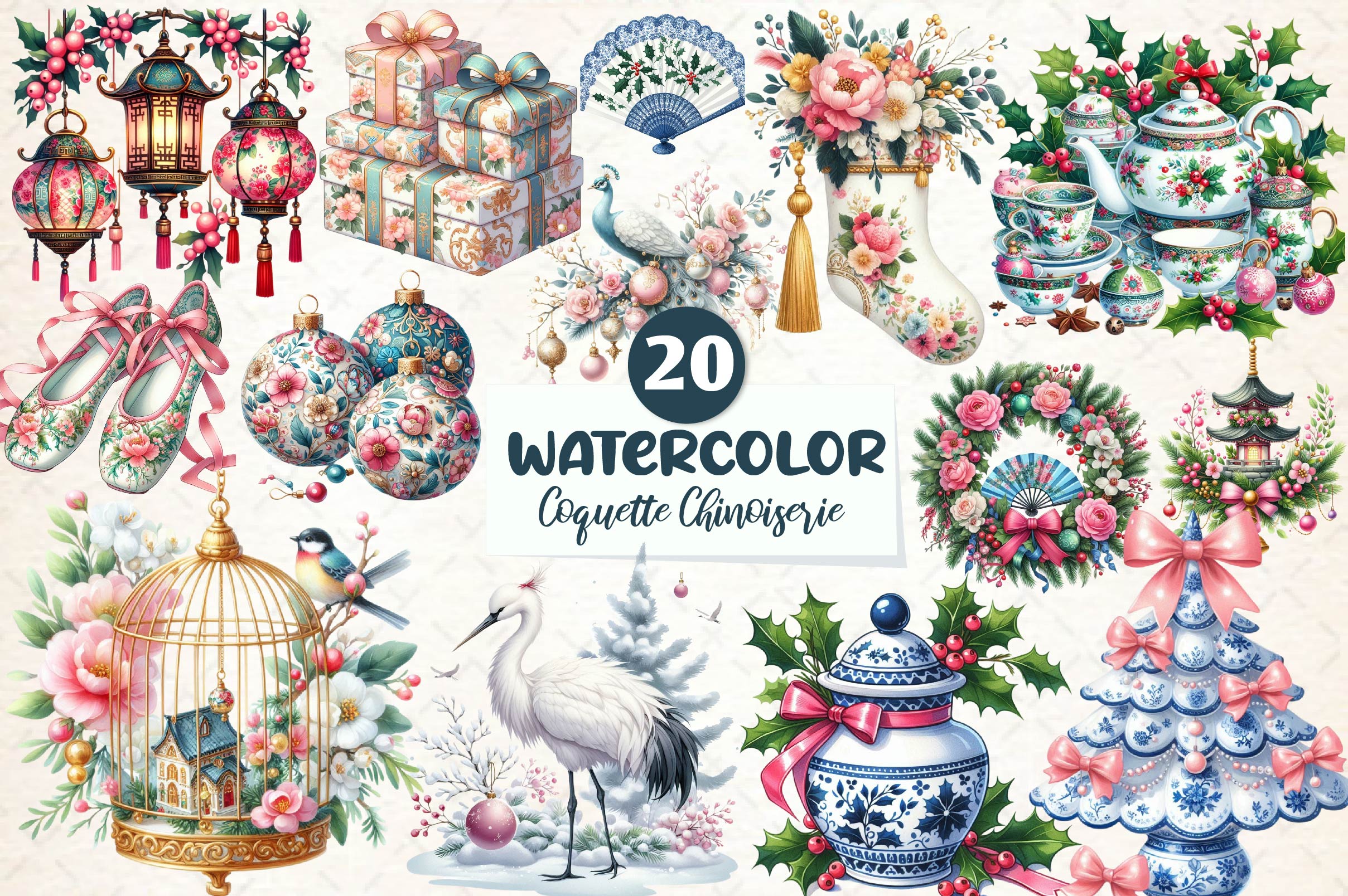 Coquette Chinoiserie Christmas Clipart Bundle