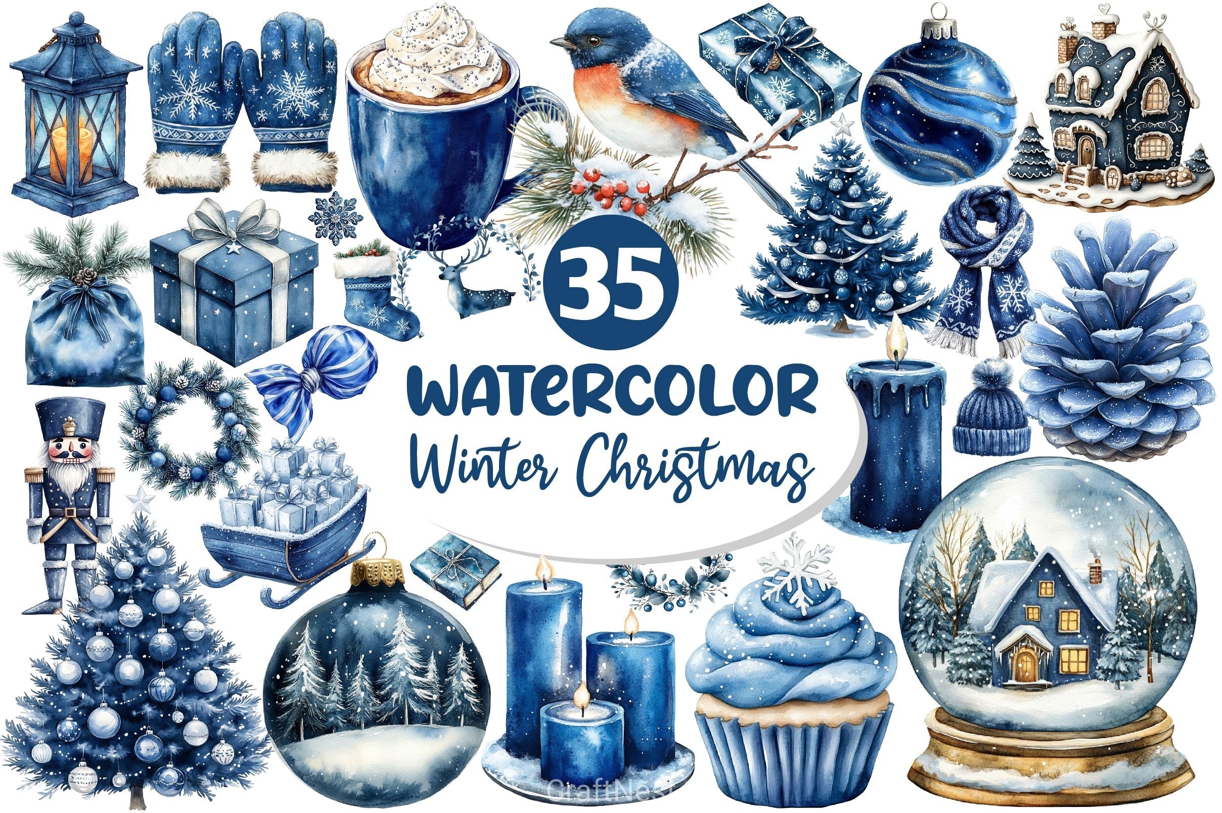 Navy Blue Winter Christmas Clipart Bundle