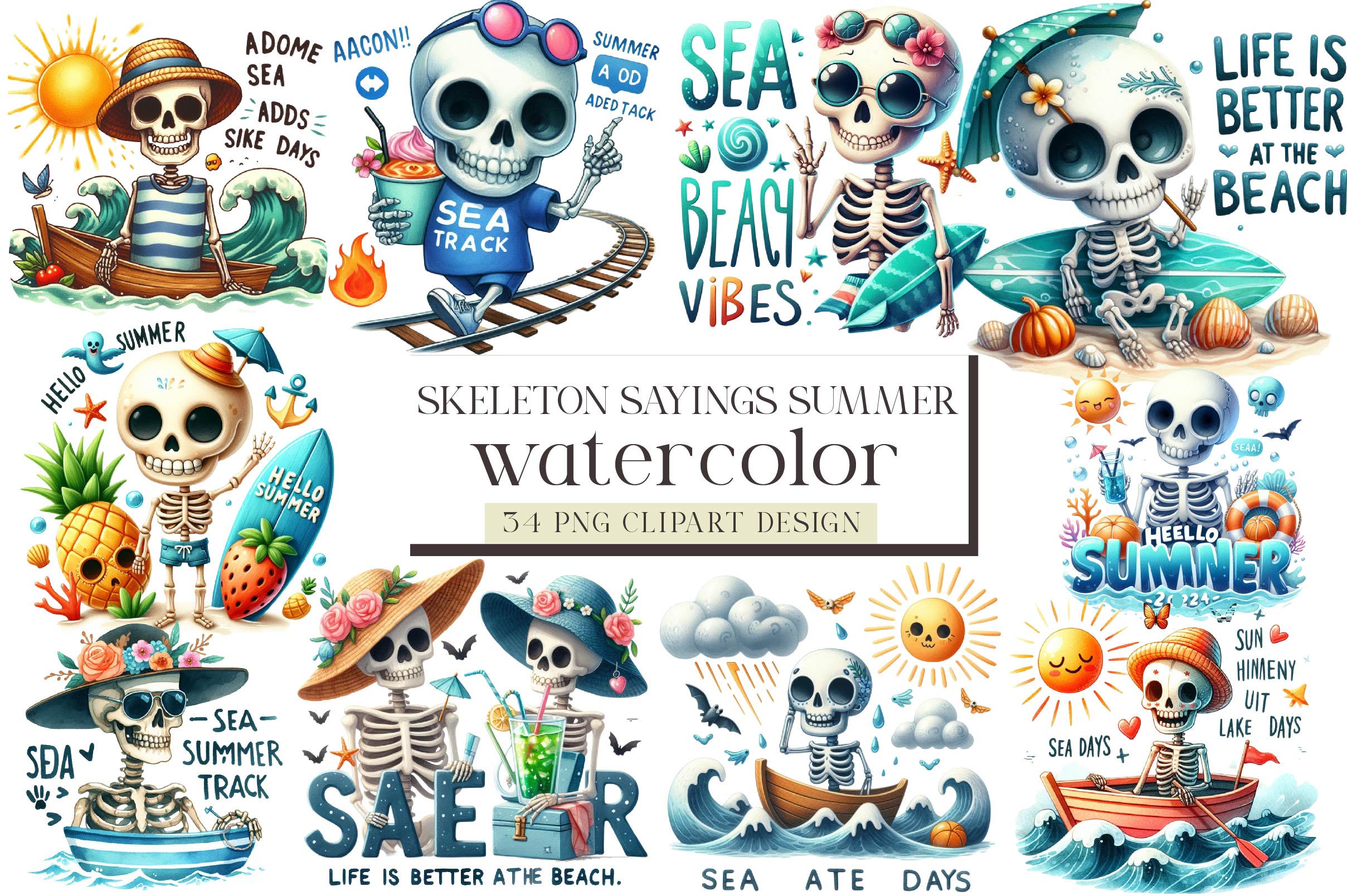 Funny Skeleton Sayings Summer Clipart Bundle