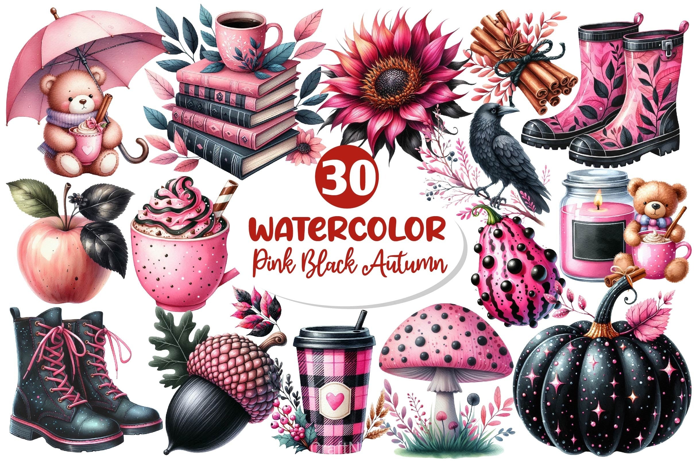Pink Black Autumn Clipart Bundle 4