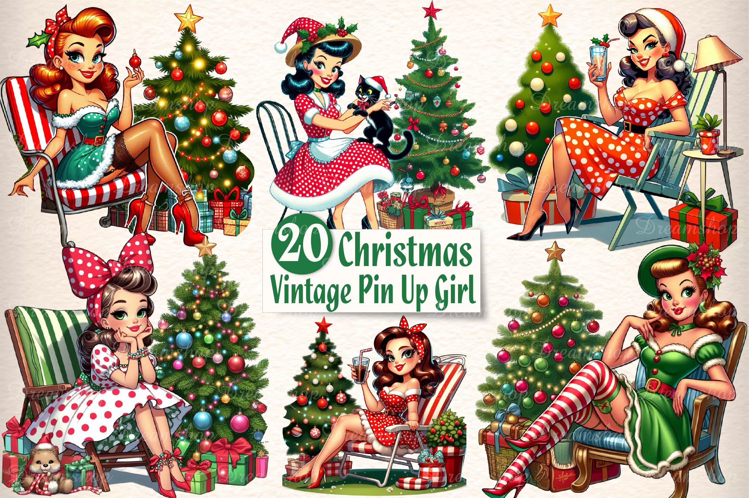 Vintage Pin Up Girl Christmas Clipart Bundle