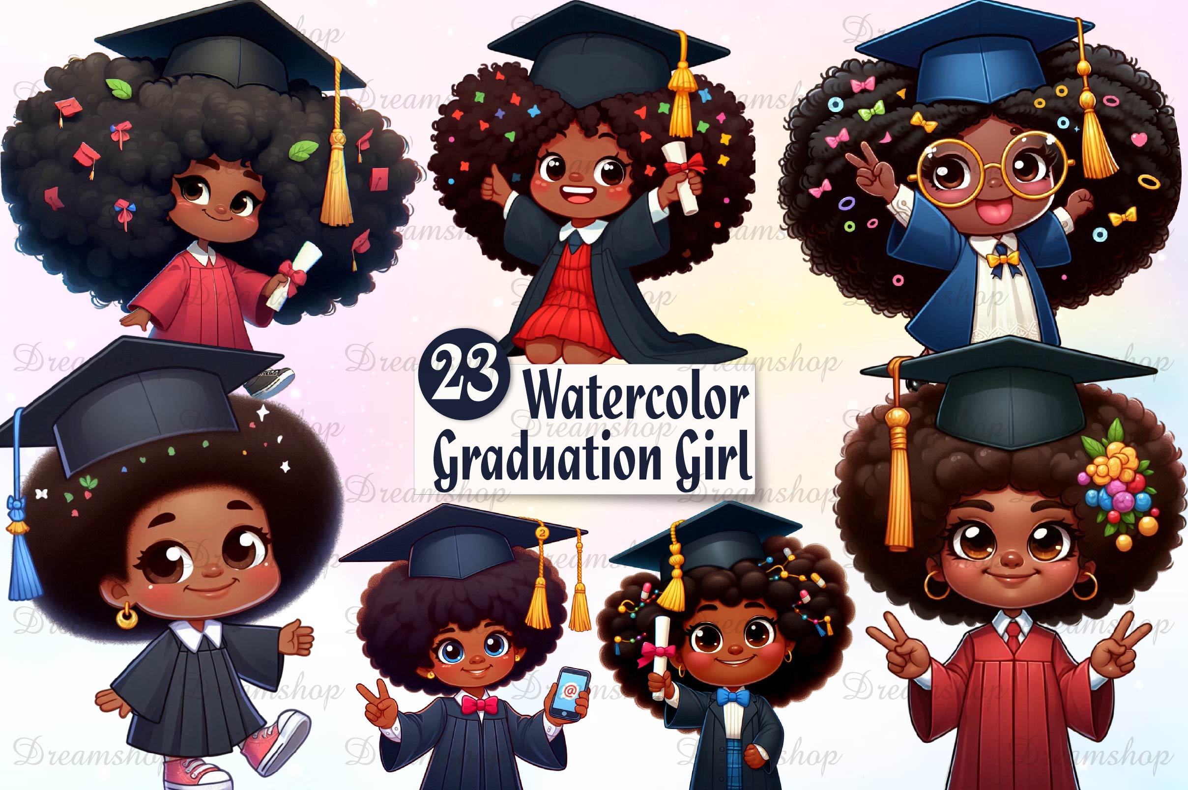 Girl Afro Graduation Clipart Bundle