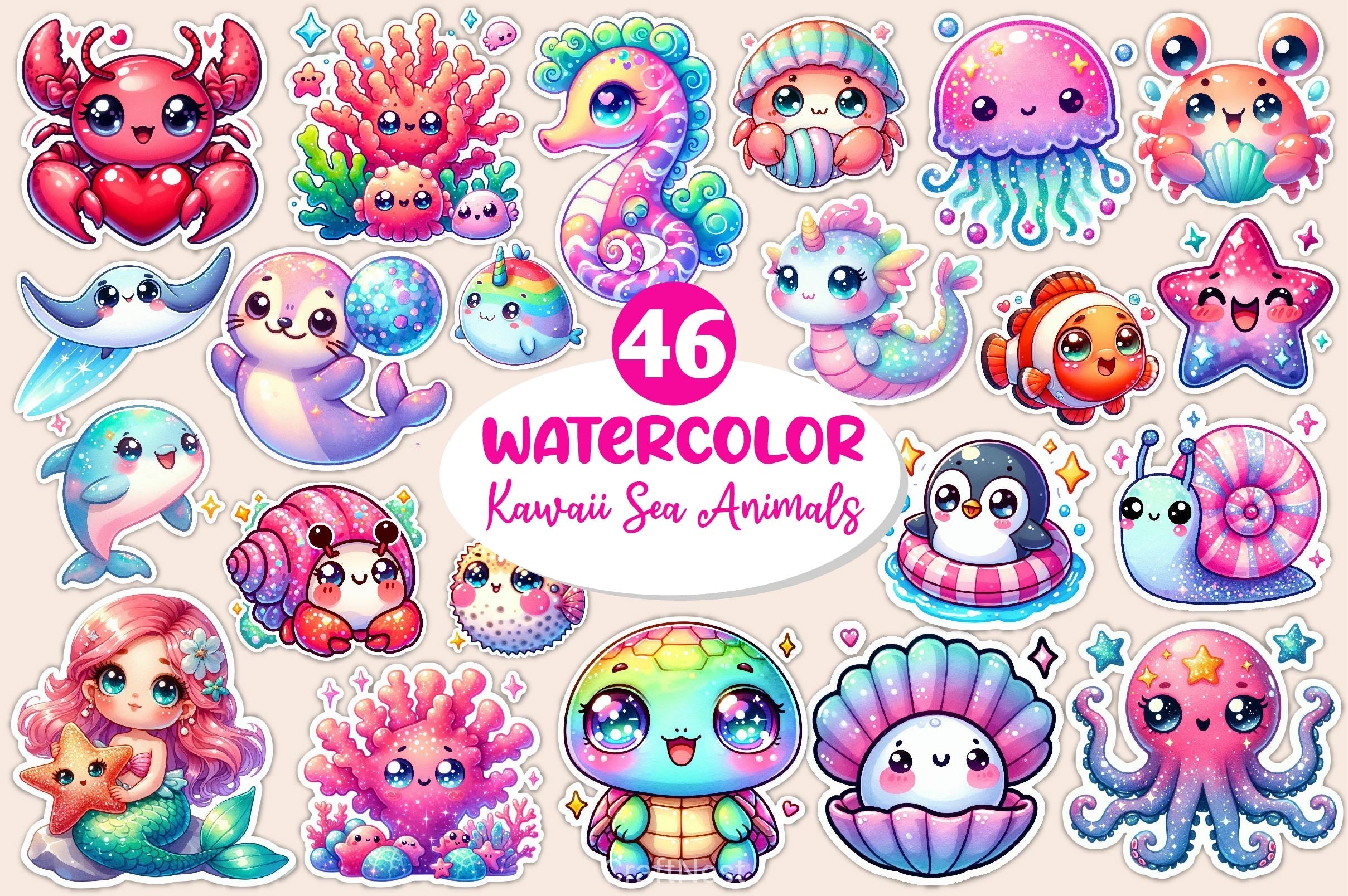 Cute Kawaii Sea Animals Clipart Bundle