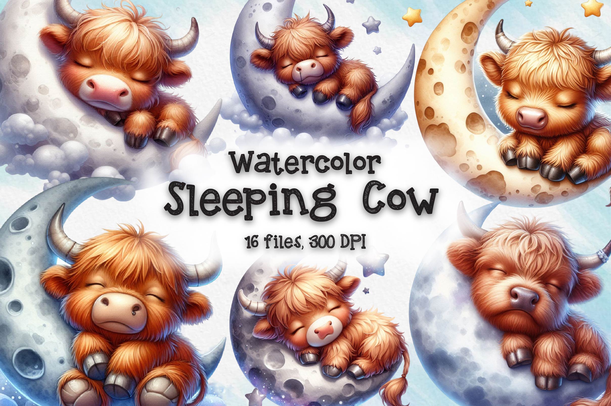 Sleeping Highland Cow Clipart Bundle