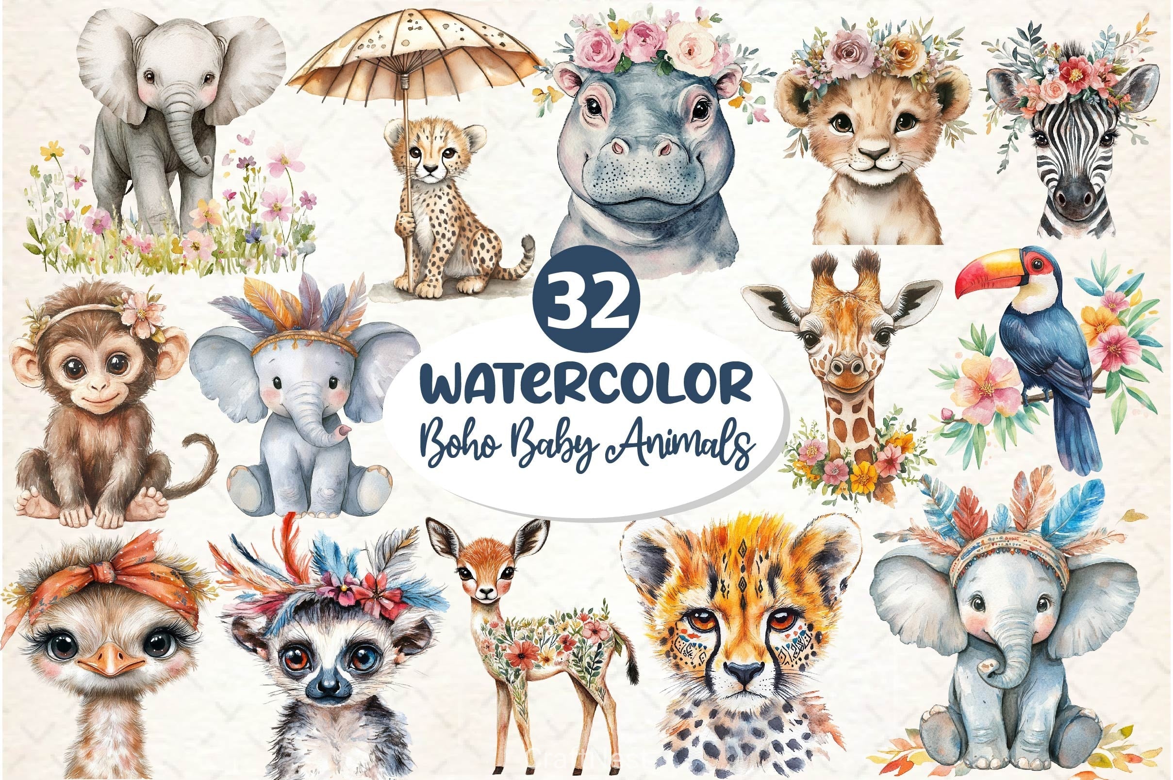 Cute Boho Baby Safari Animals Clipart Bundle 2
