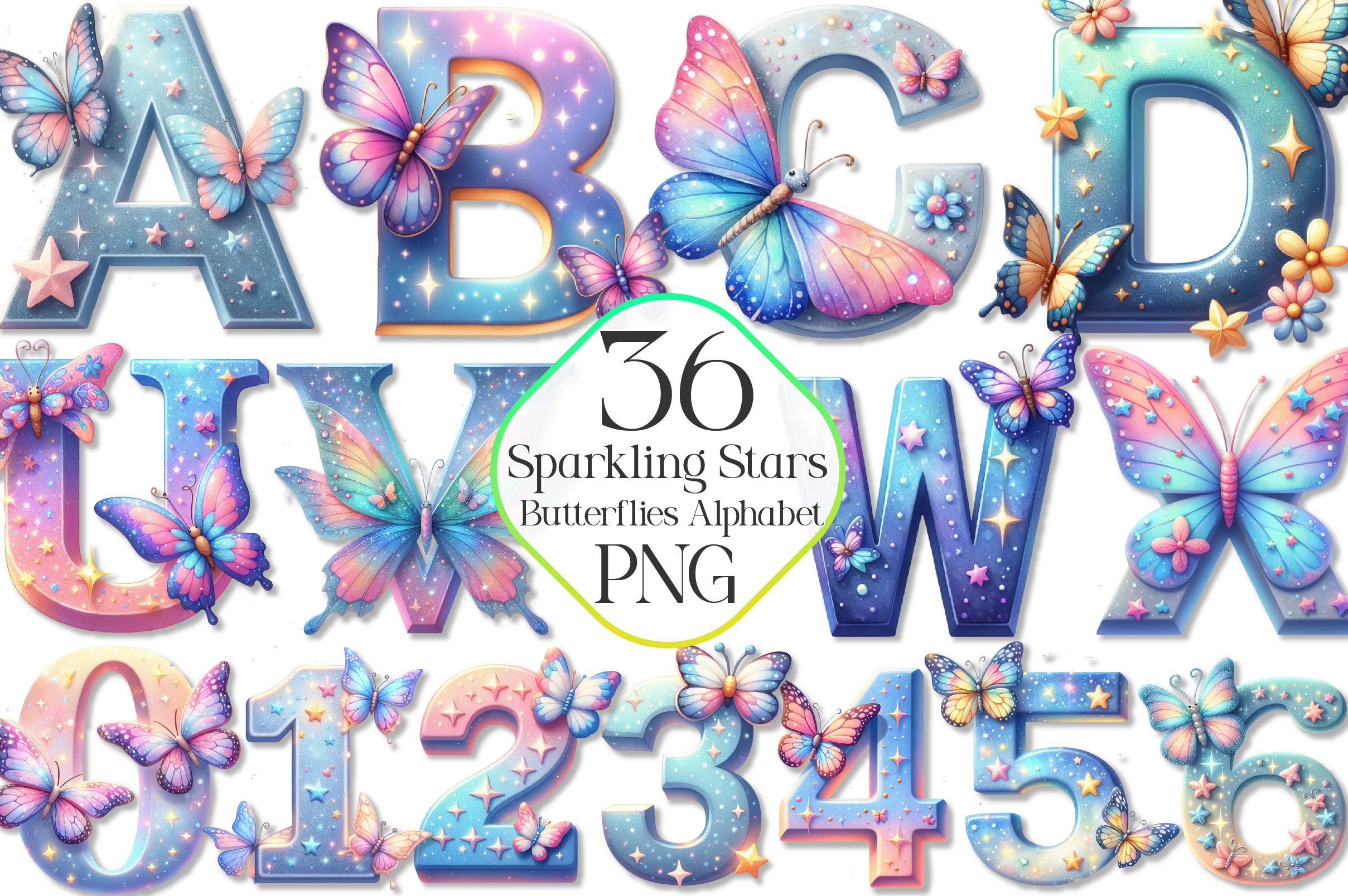 Sparkling Stars Butterflies Alphabet Clipart Bundle
