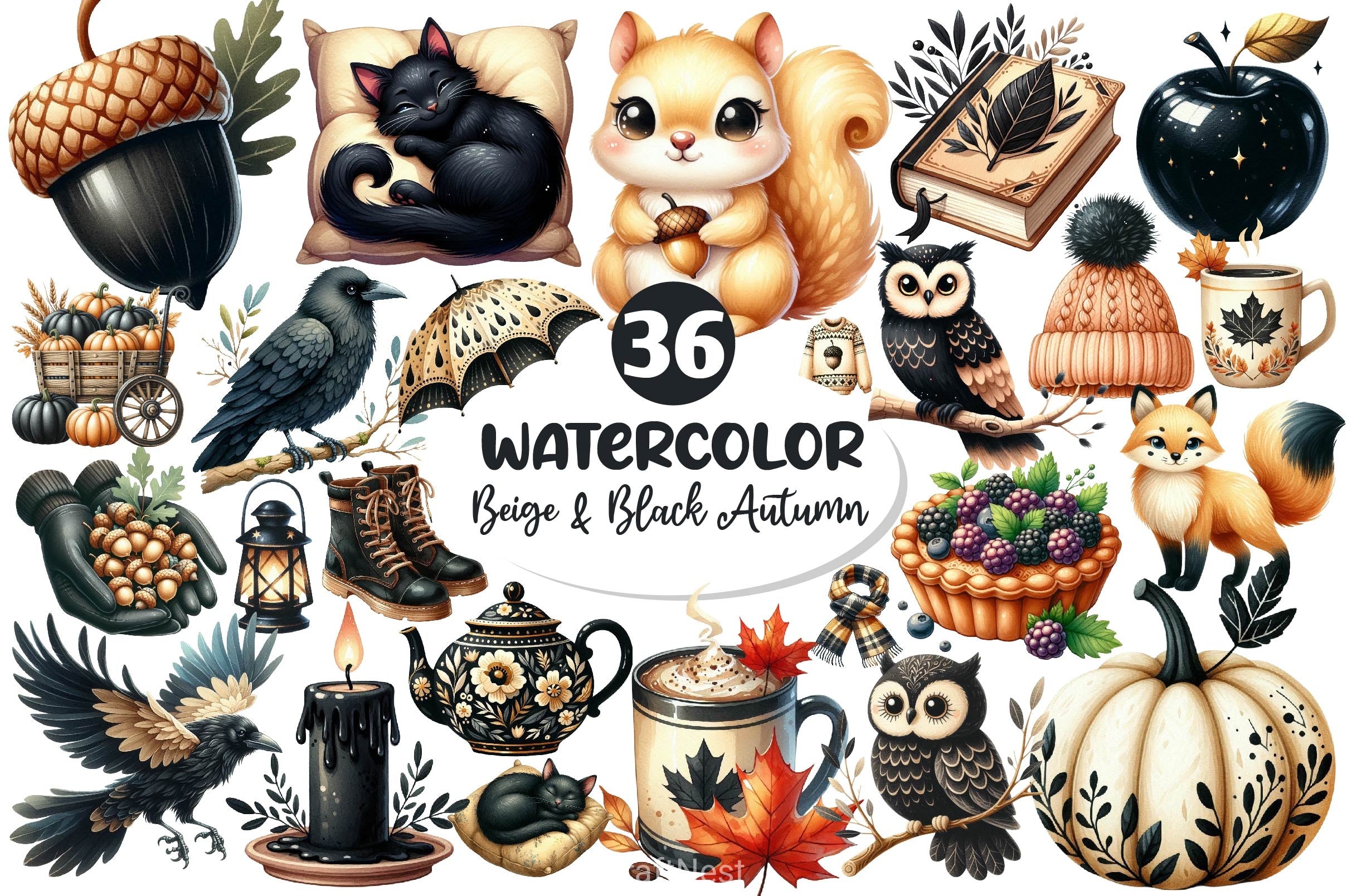 Beige Black Autumn Clipart Bundle