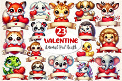 Valentine Animal Red Heart Banner Clipart Bundle - CraftNest - Digital Crafting and Art