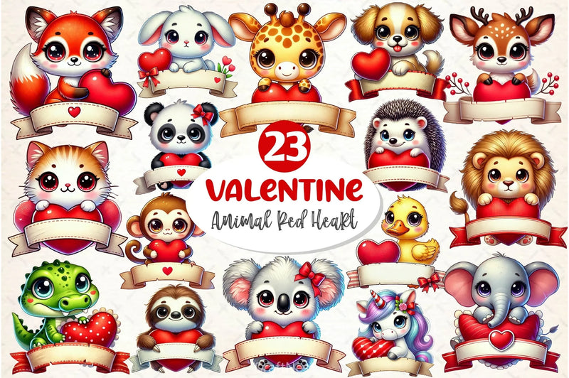 Valentine Animal Red Heart Banner Clipart Bundle - CraftNest - Digital Crafting and Art