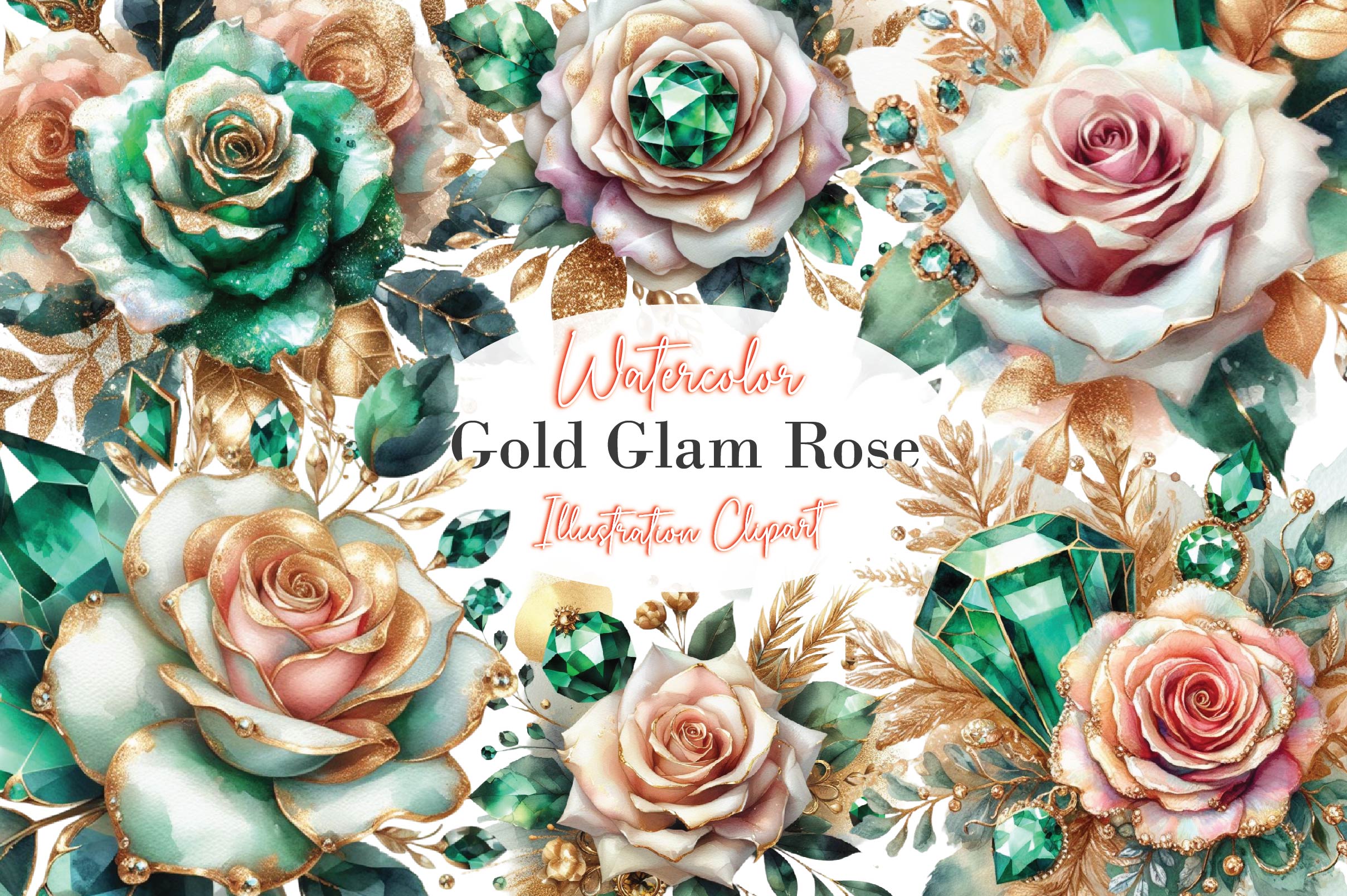 Emerald And Gold Glam Rose Clip Art Clipart Bundle