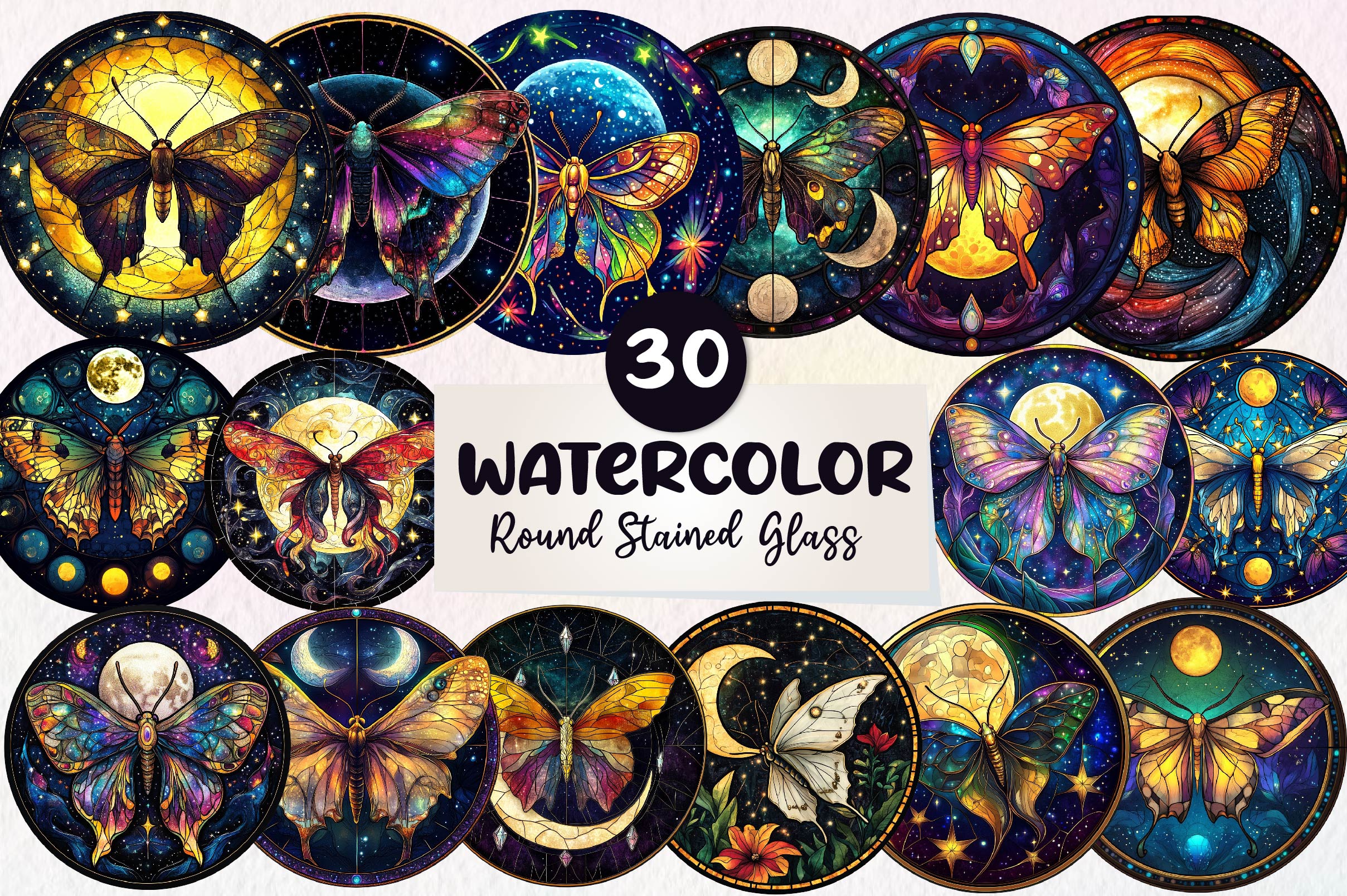 Lunar Moth And Moon Round Stained Glass Clipart Bundle