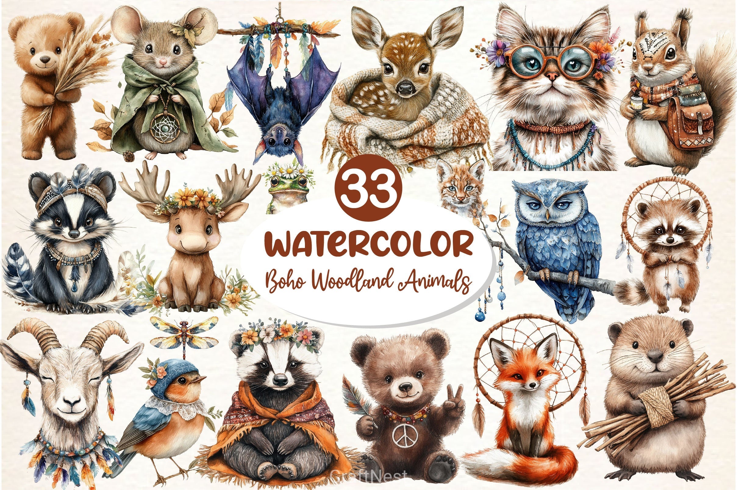 Sweet Boho Woodland Creatures Animals Clipart Bundle 2