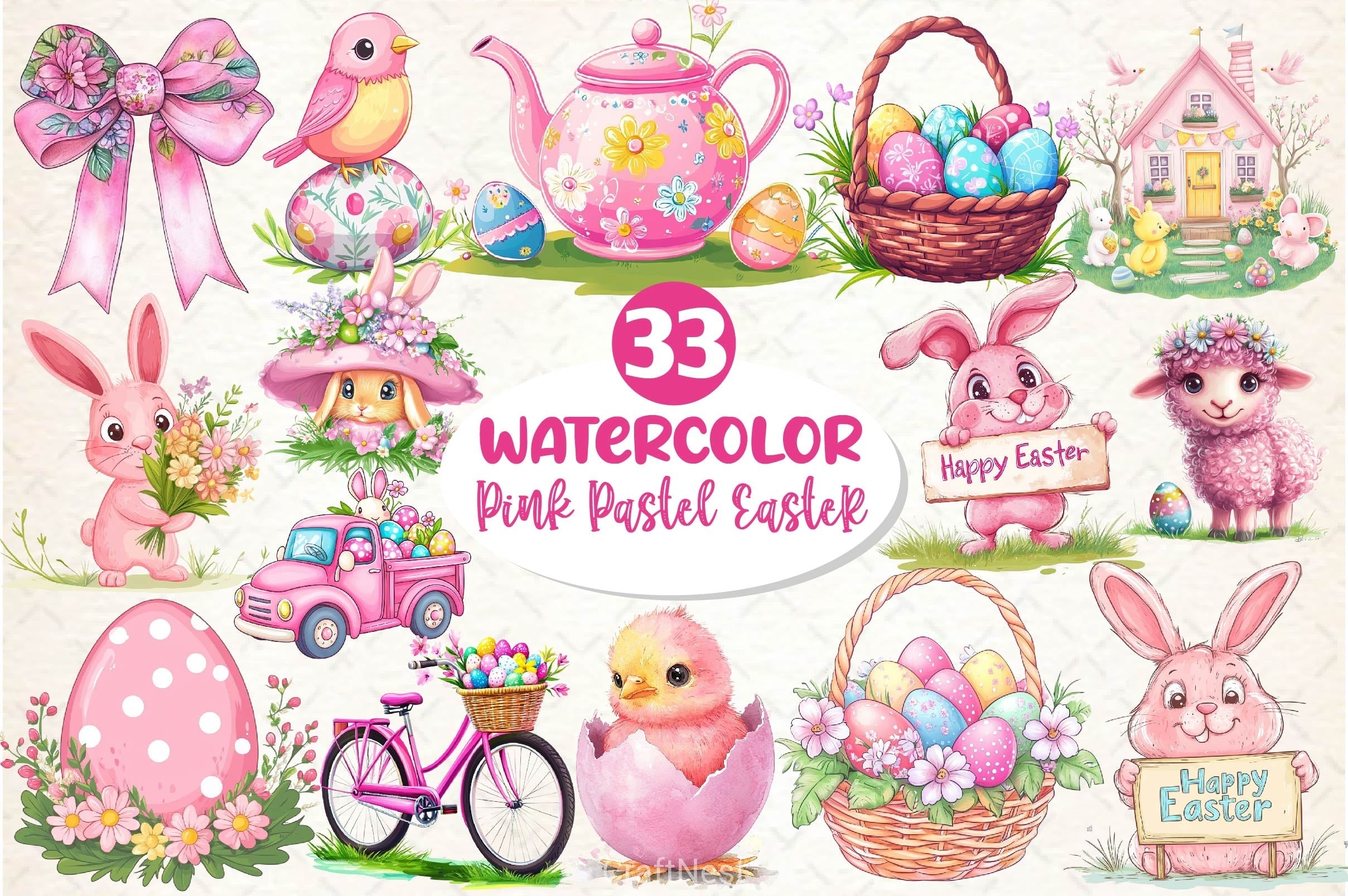 Pink Pastel Easter Clipart Bundle