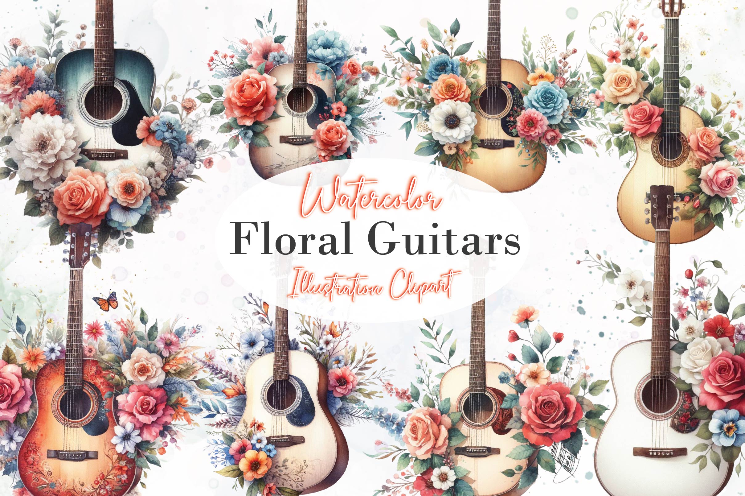 Floral Guitars Clipart Bundle