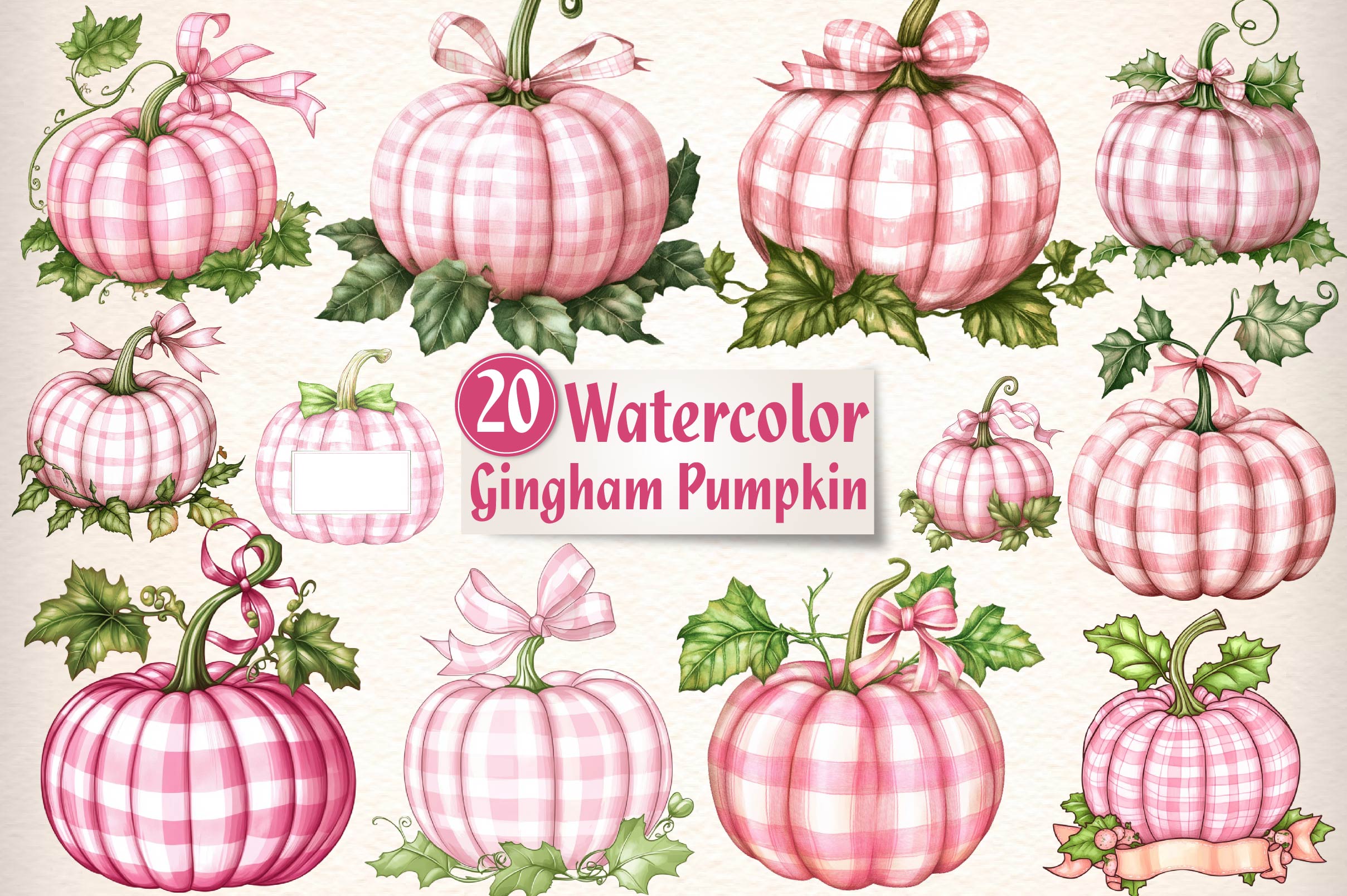 Pink Gingham Pumpkin Clipart Bundle
