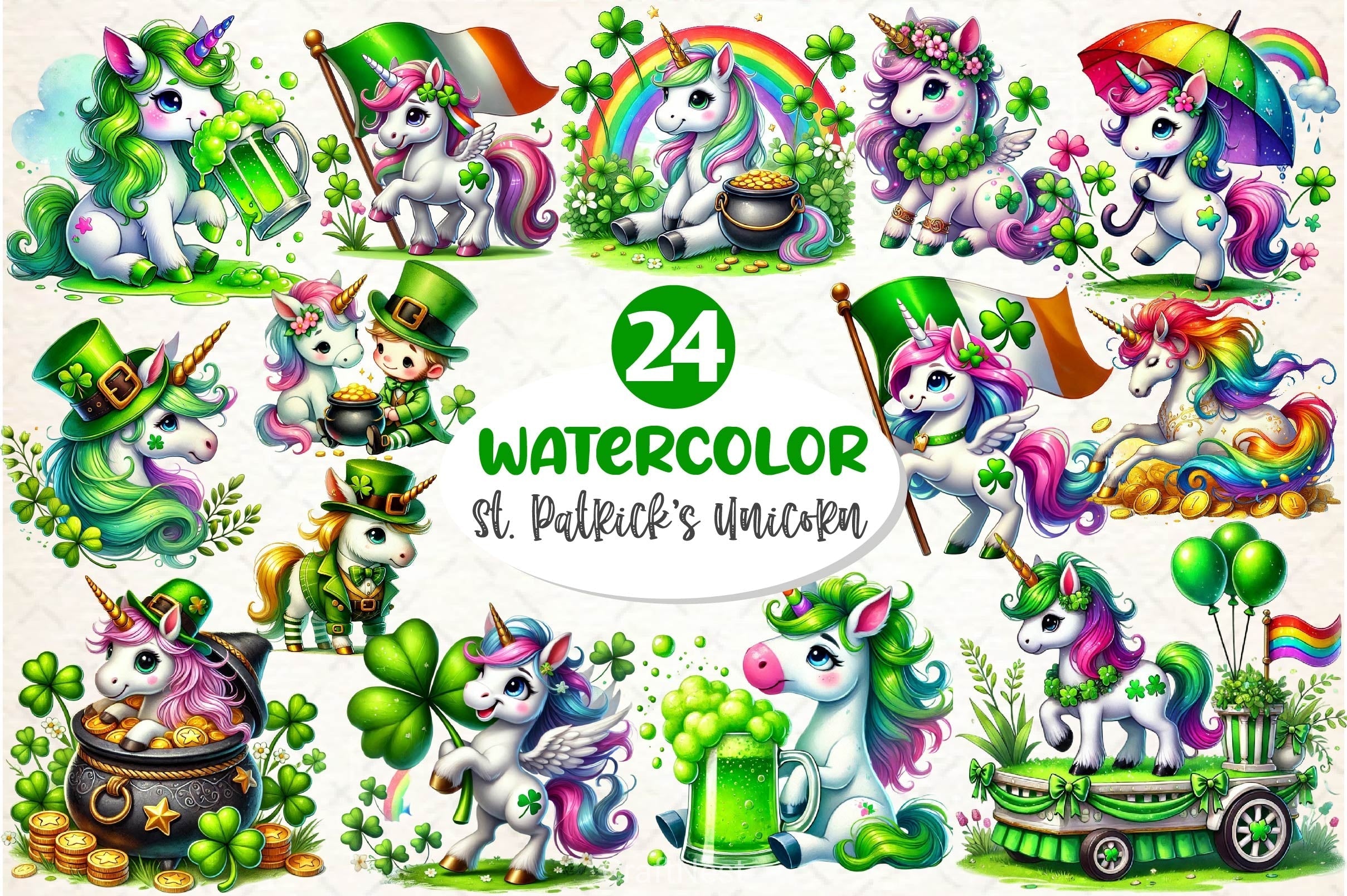 St Patricks Day Cute Unicorn Clipart Bundle 4