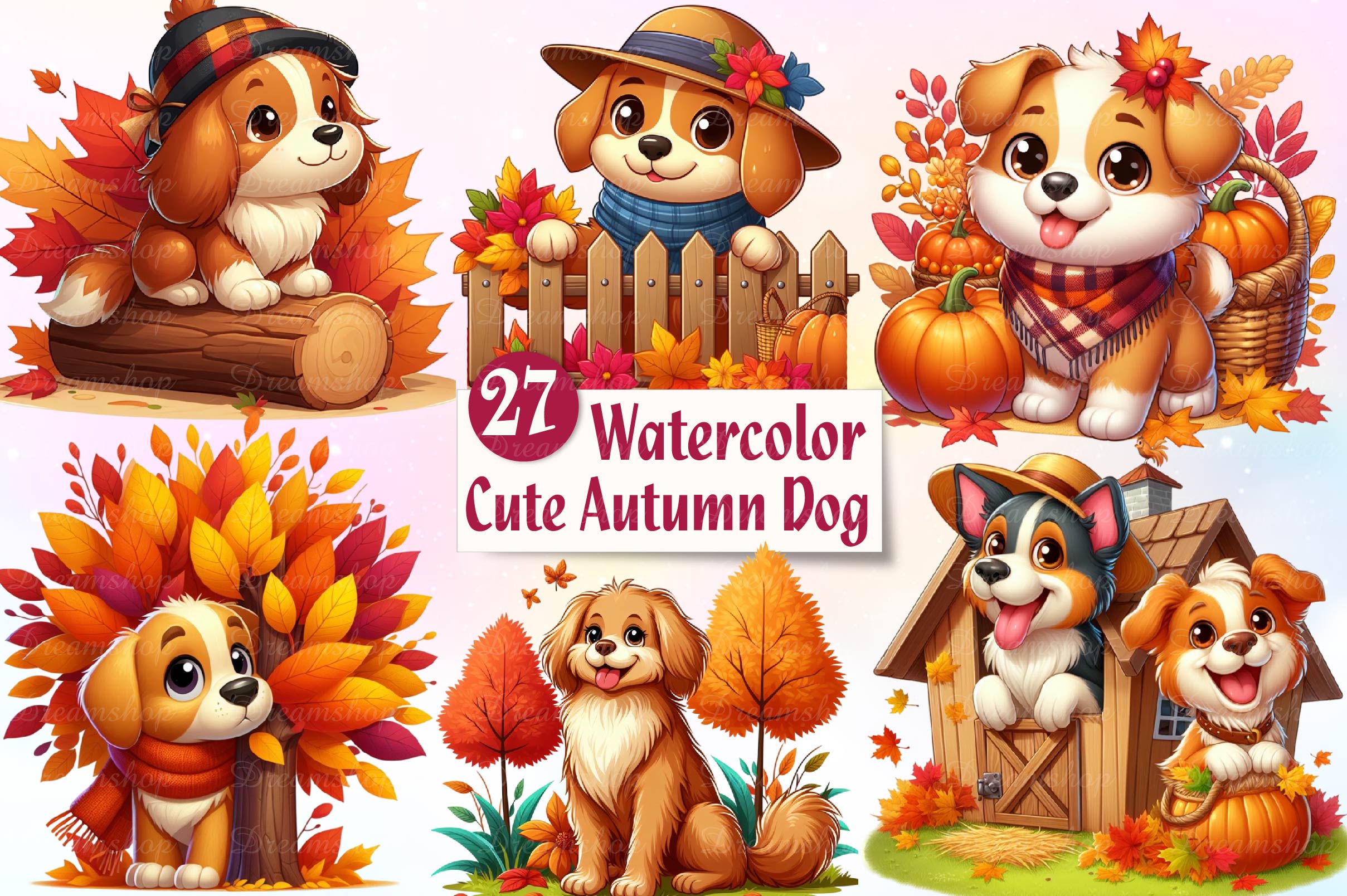 Cute Autumn Dog Clipart Bundle