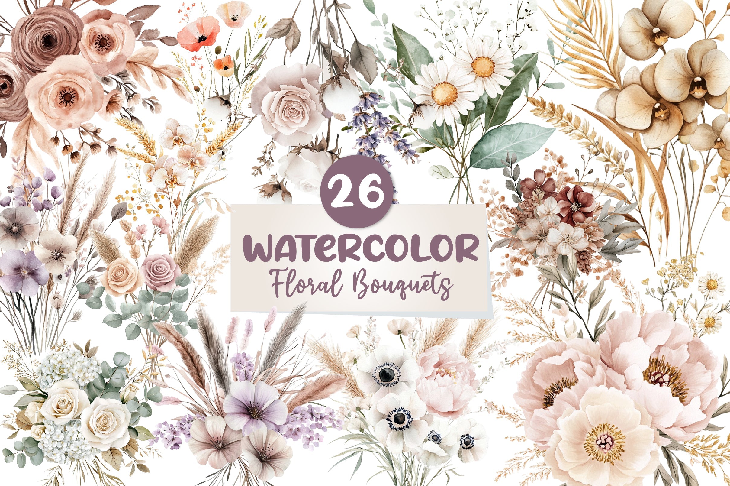 Boho Mothers Day Floral Bouquets Clipart Bundle