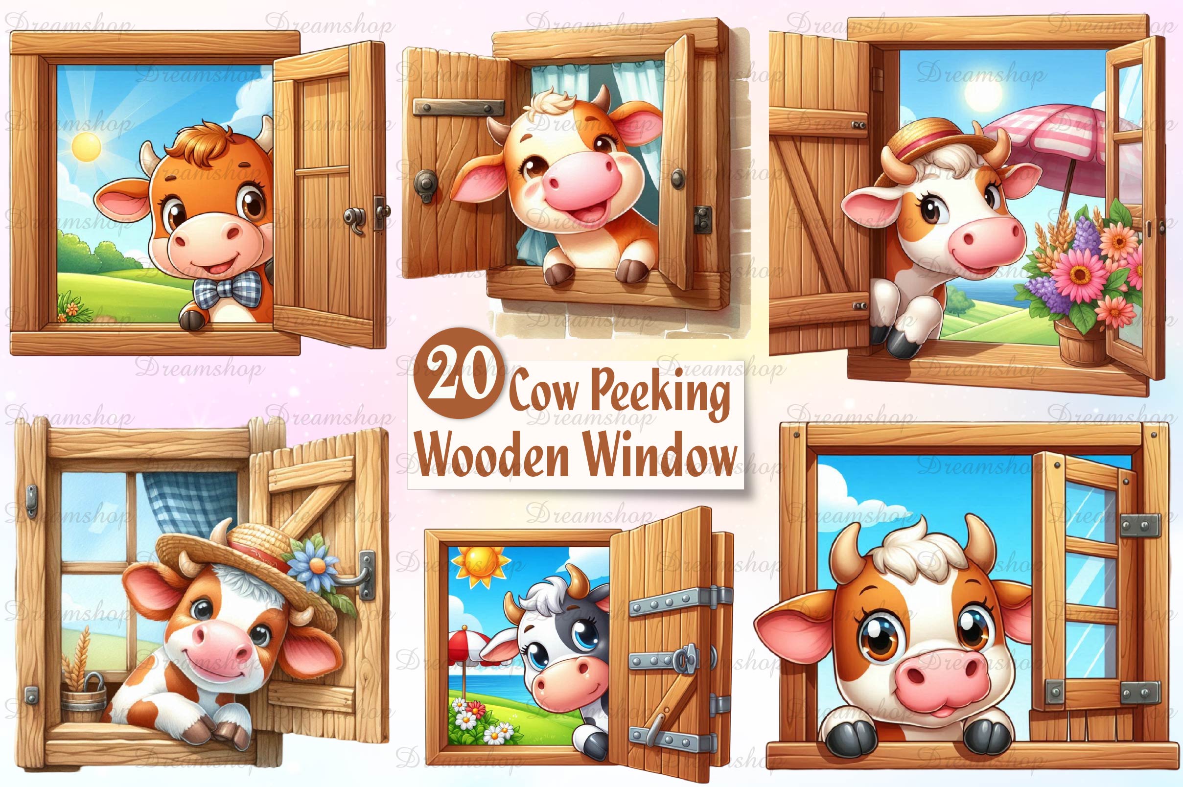 Cute Cows Peeking Wooden Window Clipart Bundle