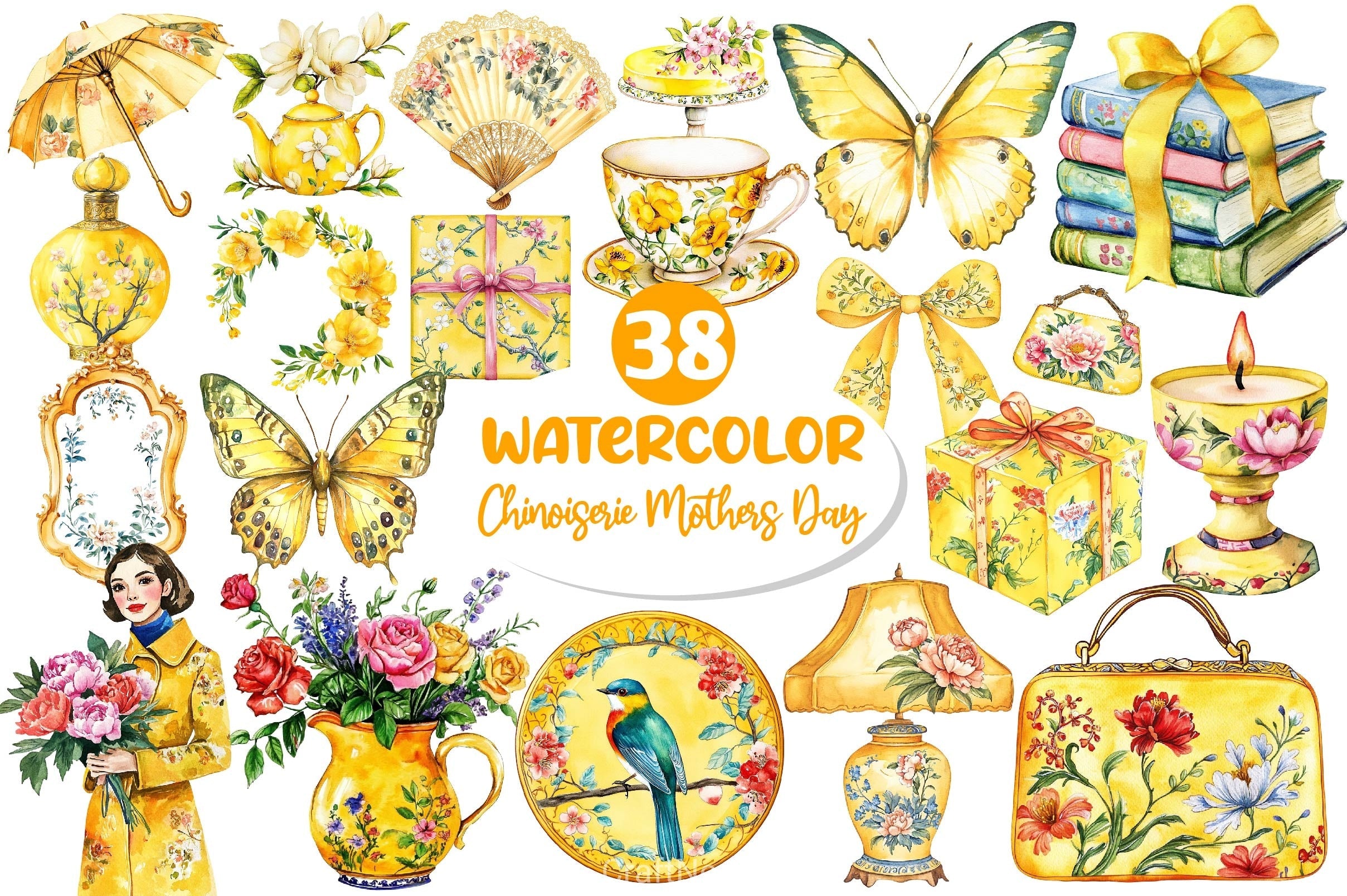 Yellow Chinoiserie Mothers Day Clipart Bundle 2