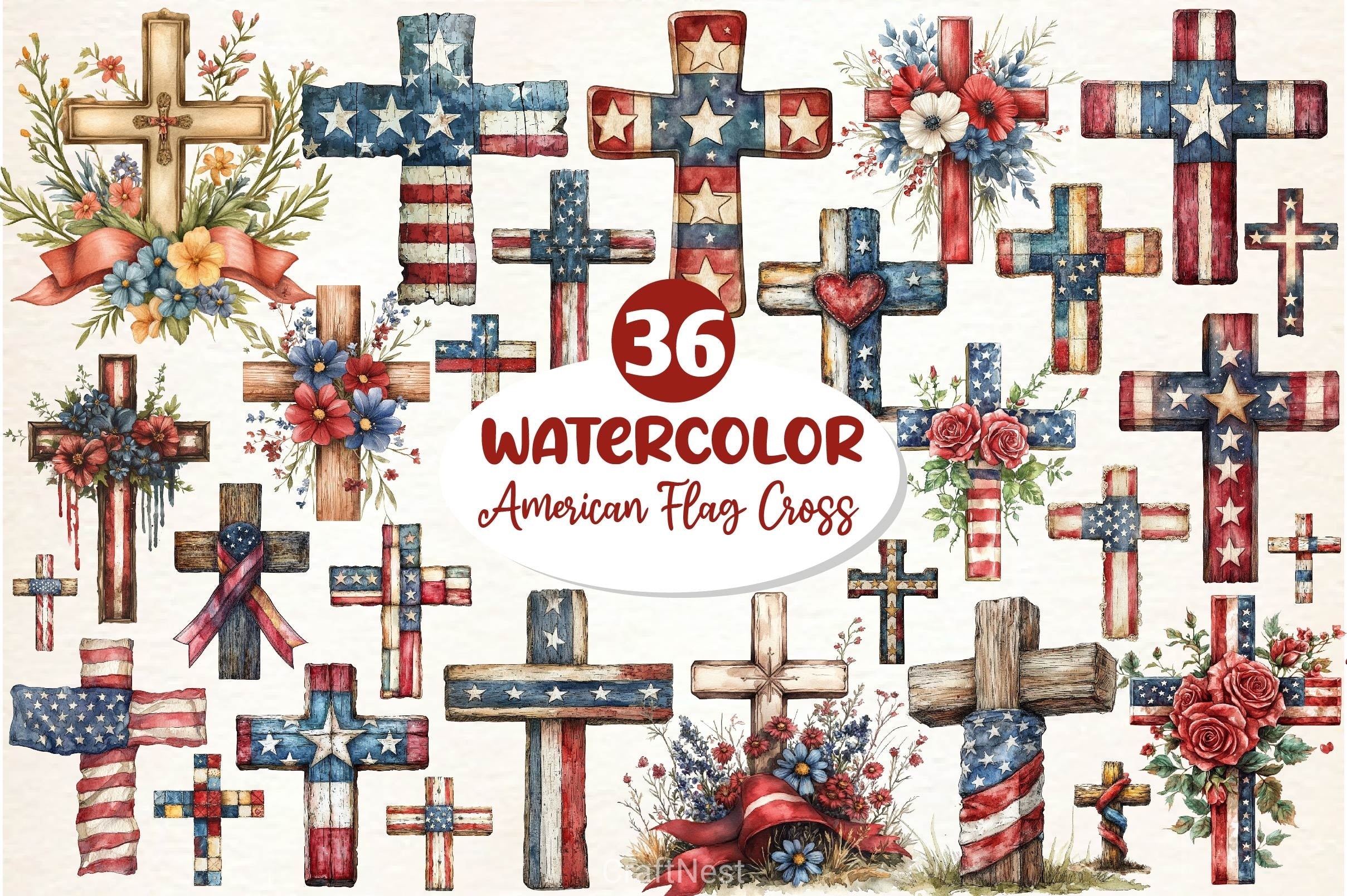 Vintage American Flag Cross Clipart Bundle