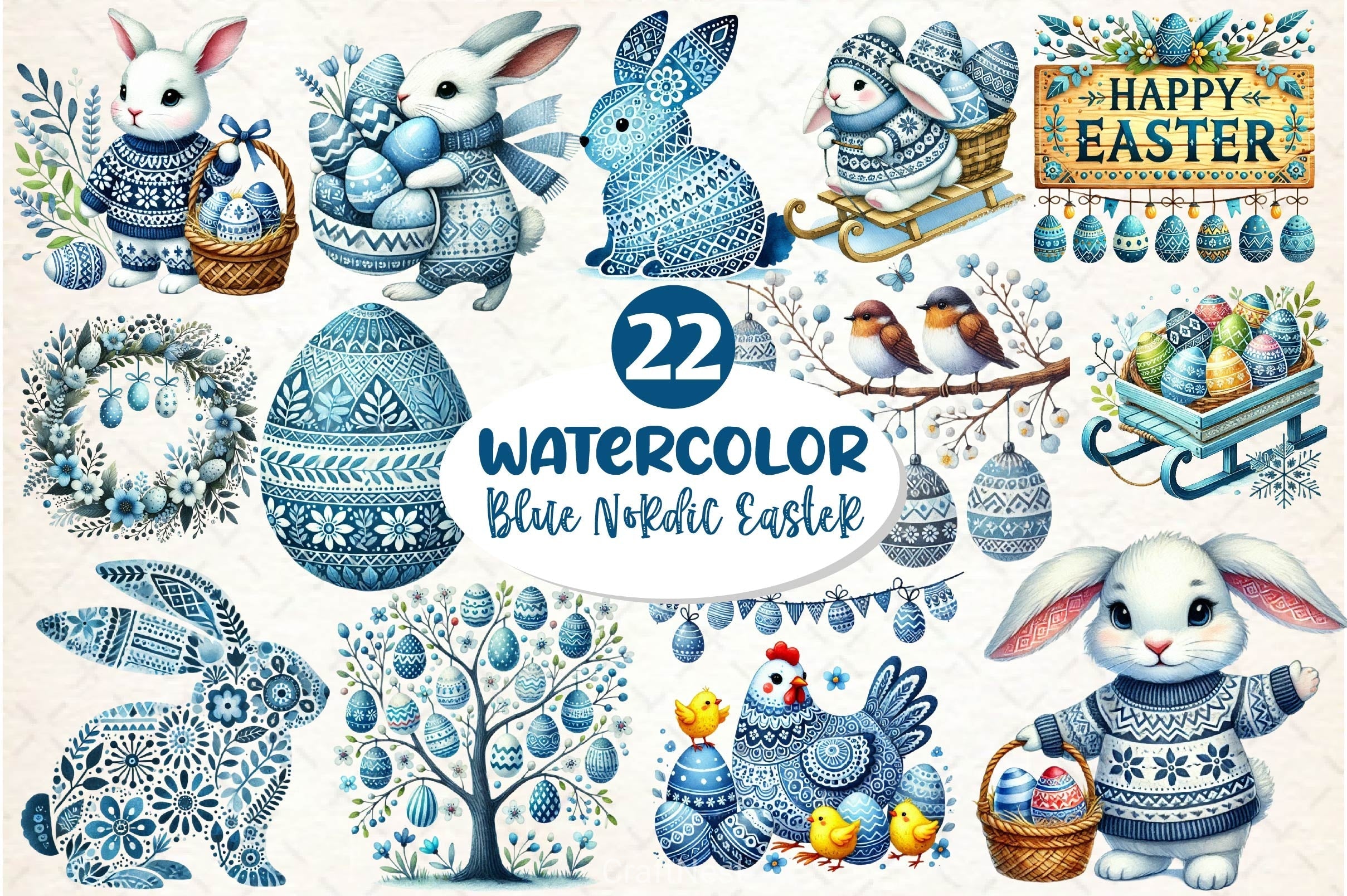 Blue Nordic Easter Clipart Bundle 2