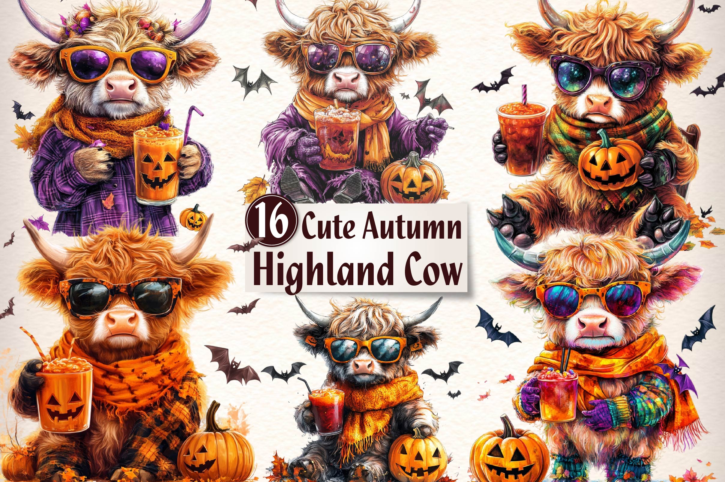 Cute Autumn Highland Cow Clipart Bundle