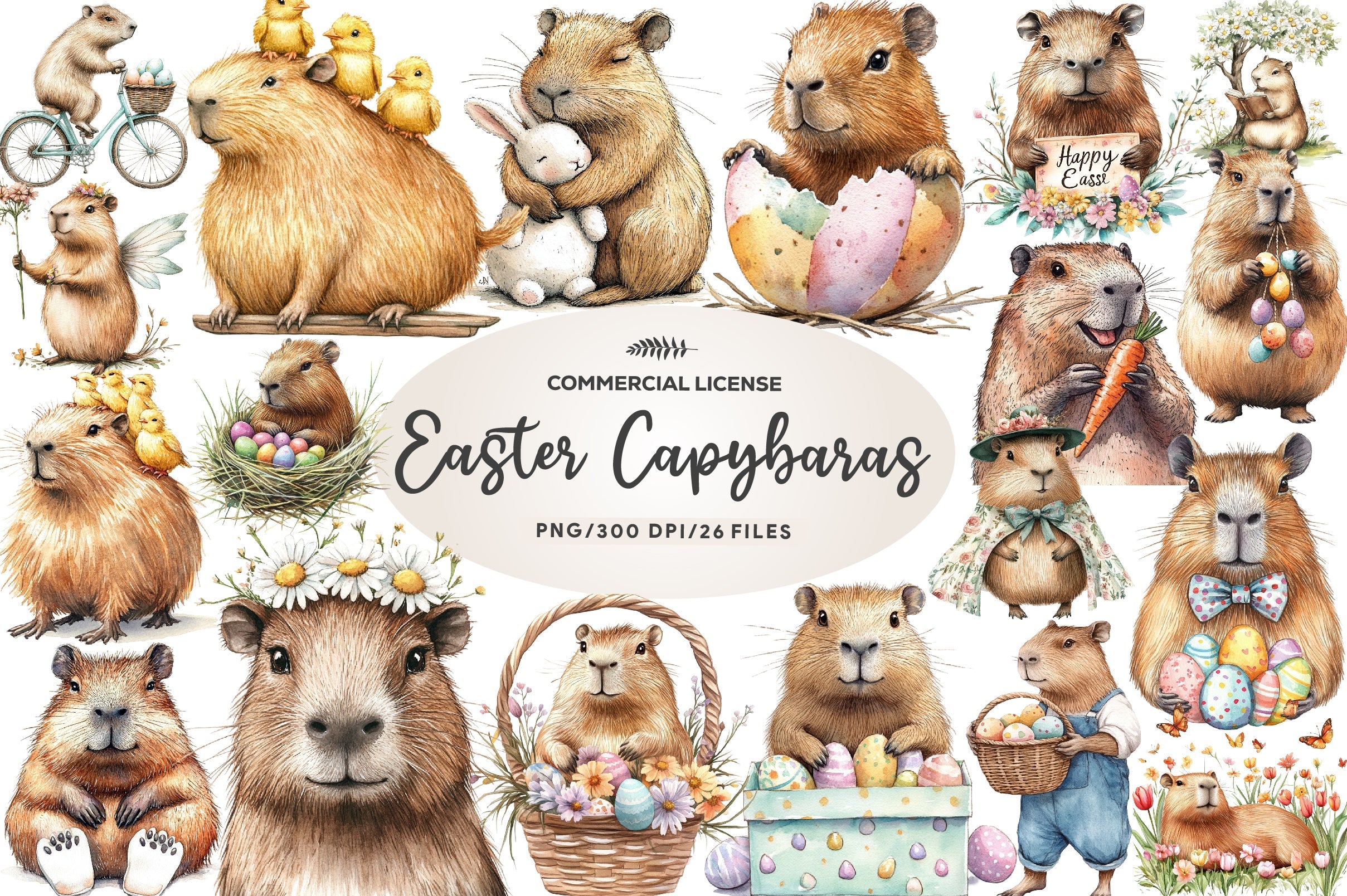 Hoppy Easter Capybaras Clipart Bundle