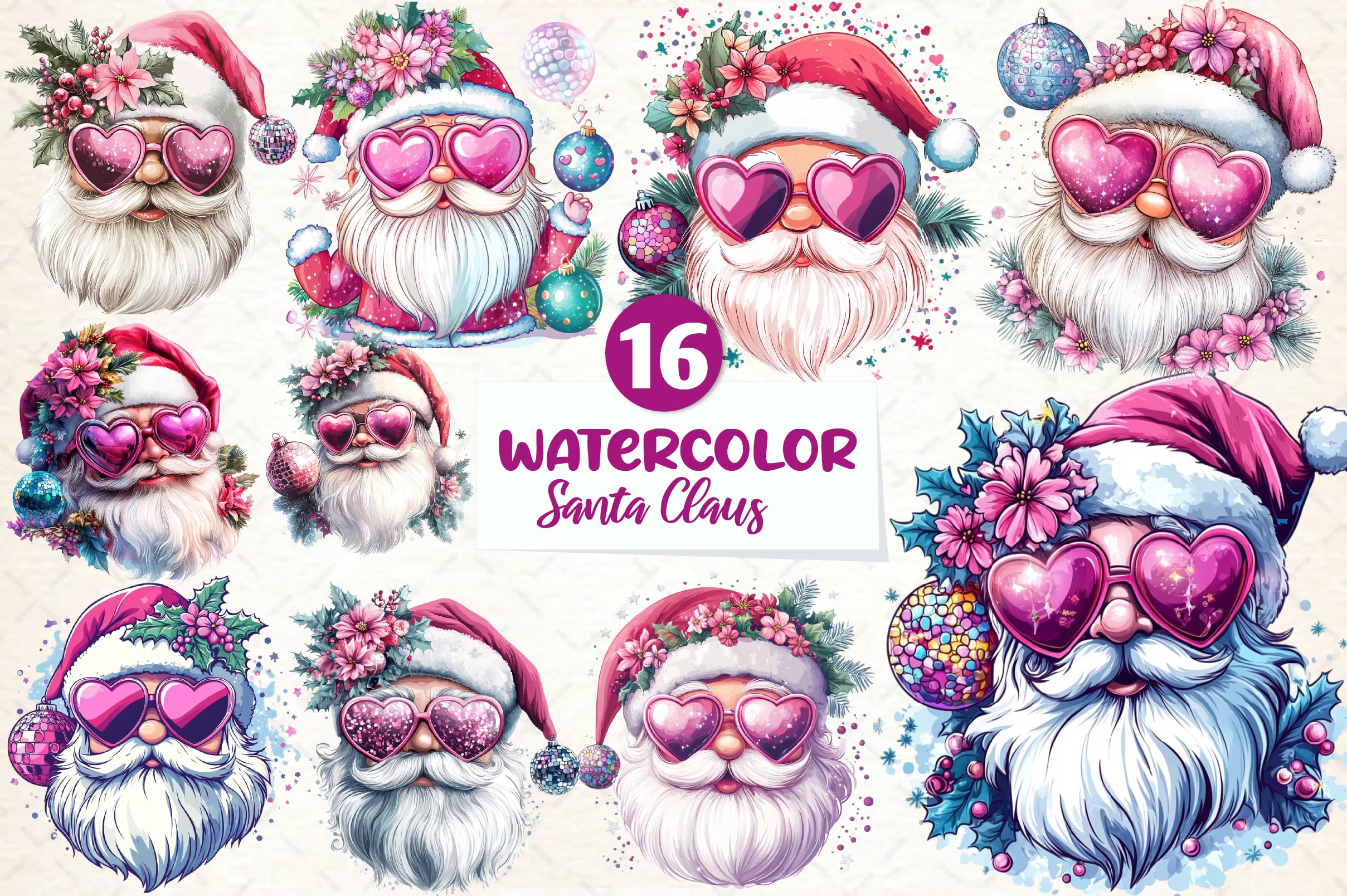 Santa Claus Retro Pink Christmas Clipart Bundle