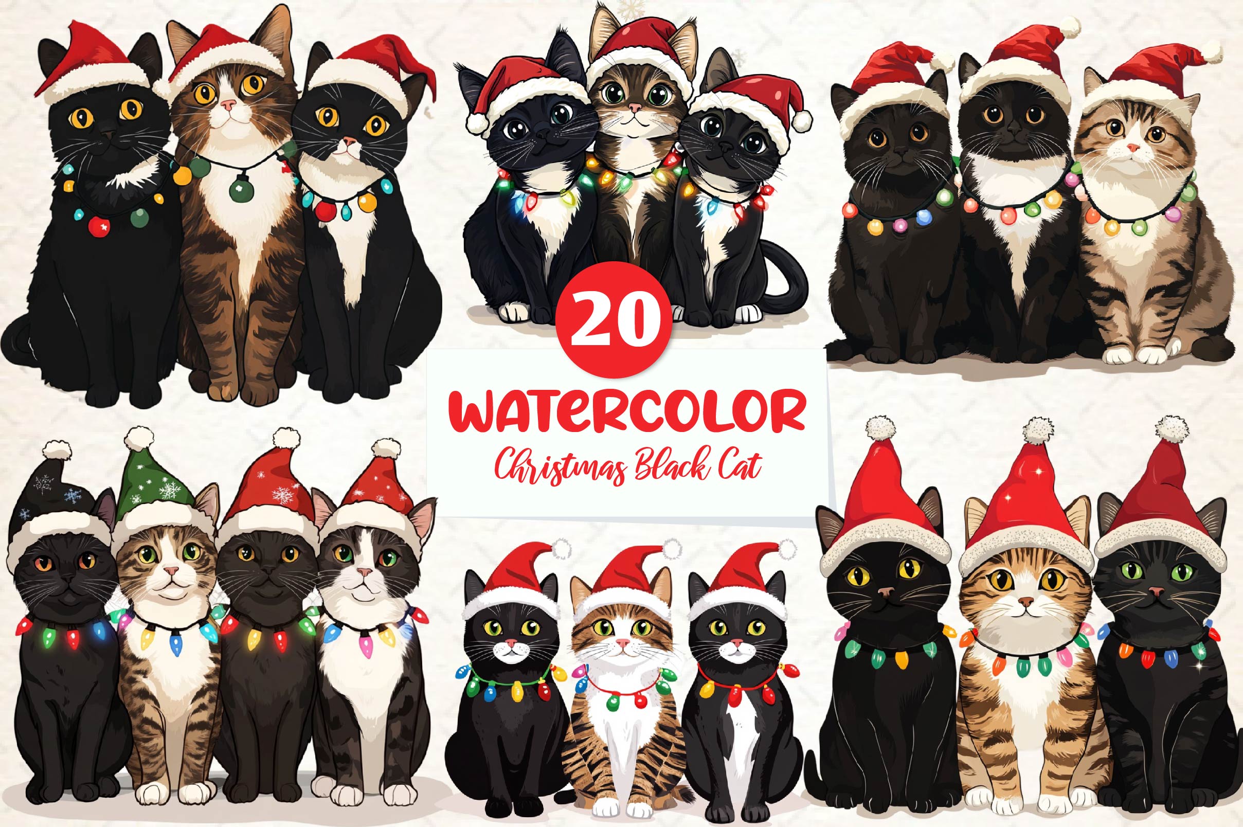Christmas Black Cat Clipart Bundle 2
