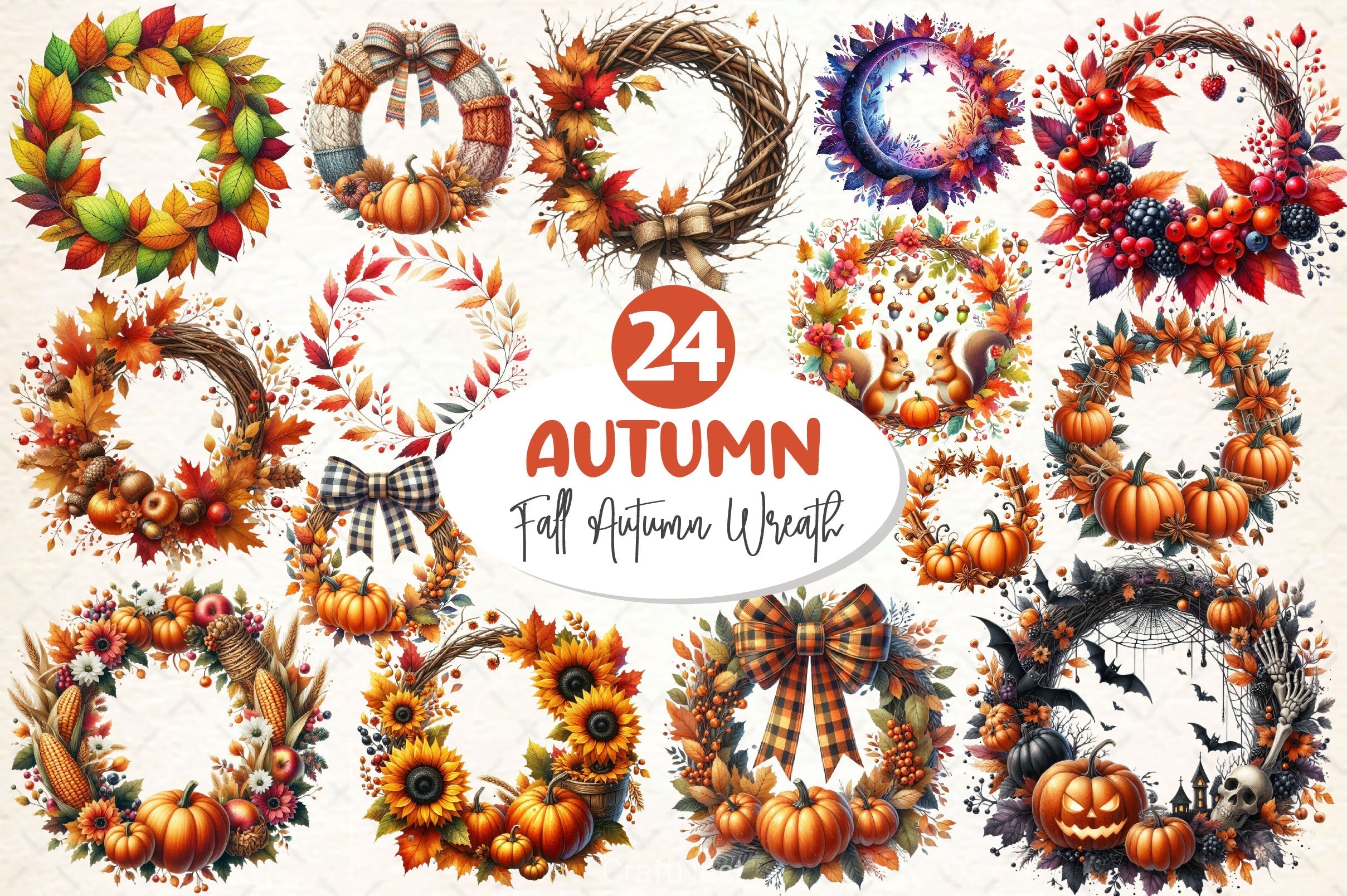 Fall Wreath Autumn Wreath Clipart Bundle
