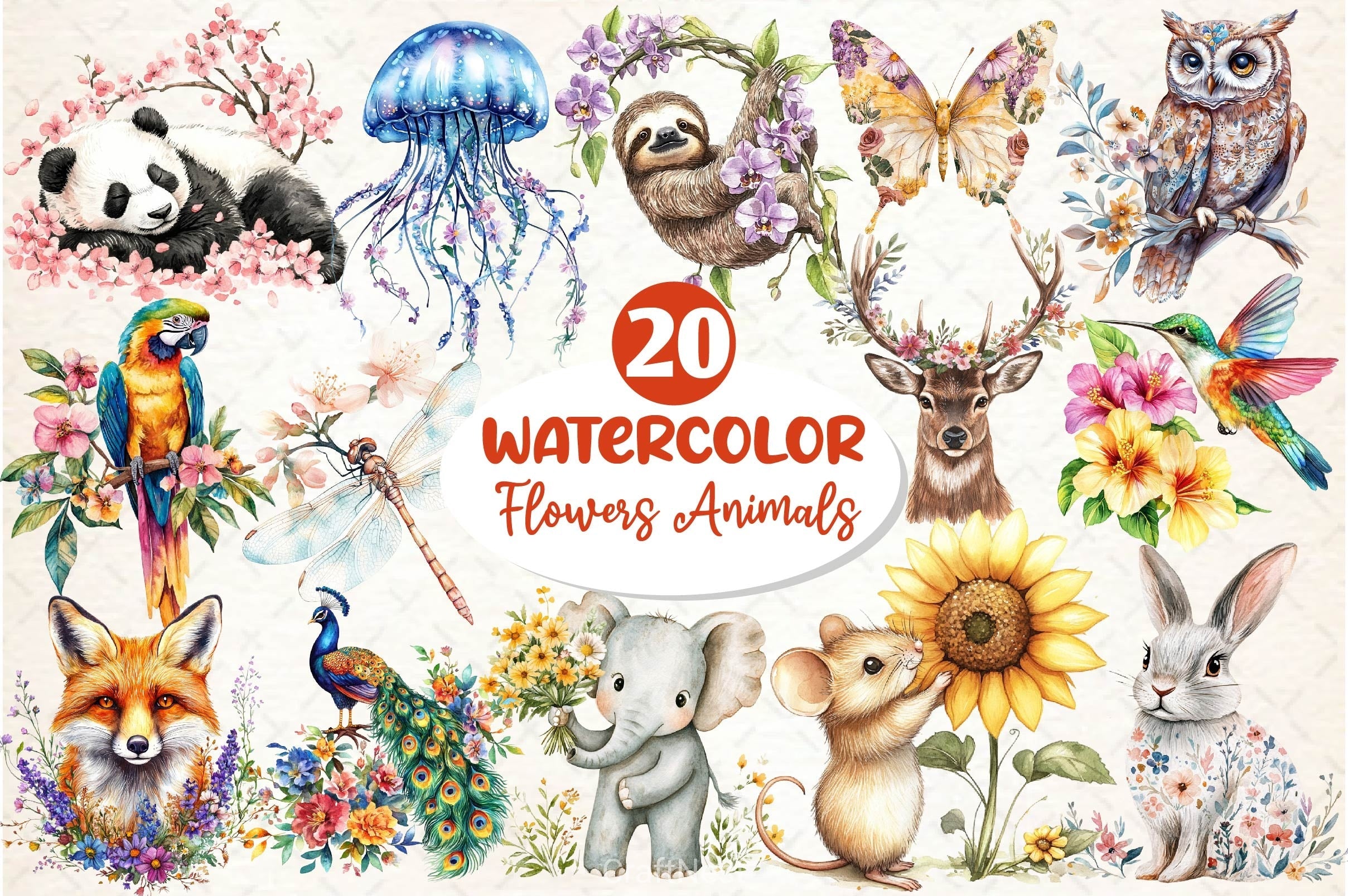 Vibrant Flowers Animals Clipart Bundle