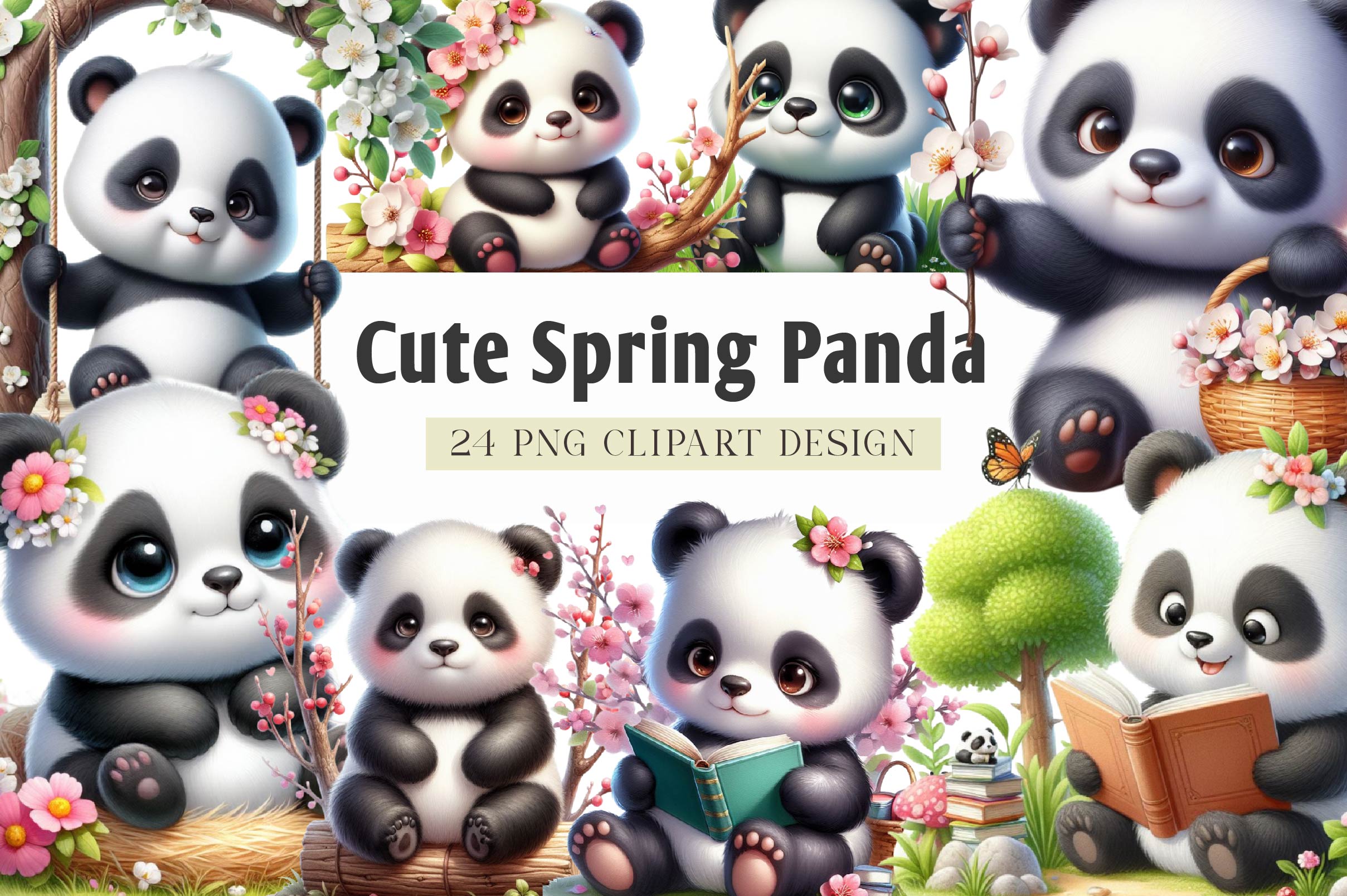 Cute Spring Panda Clipart Bundle 1