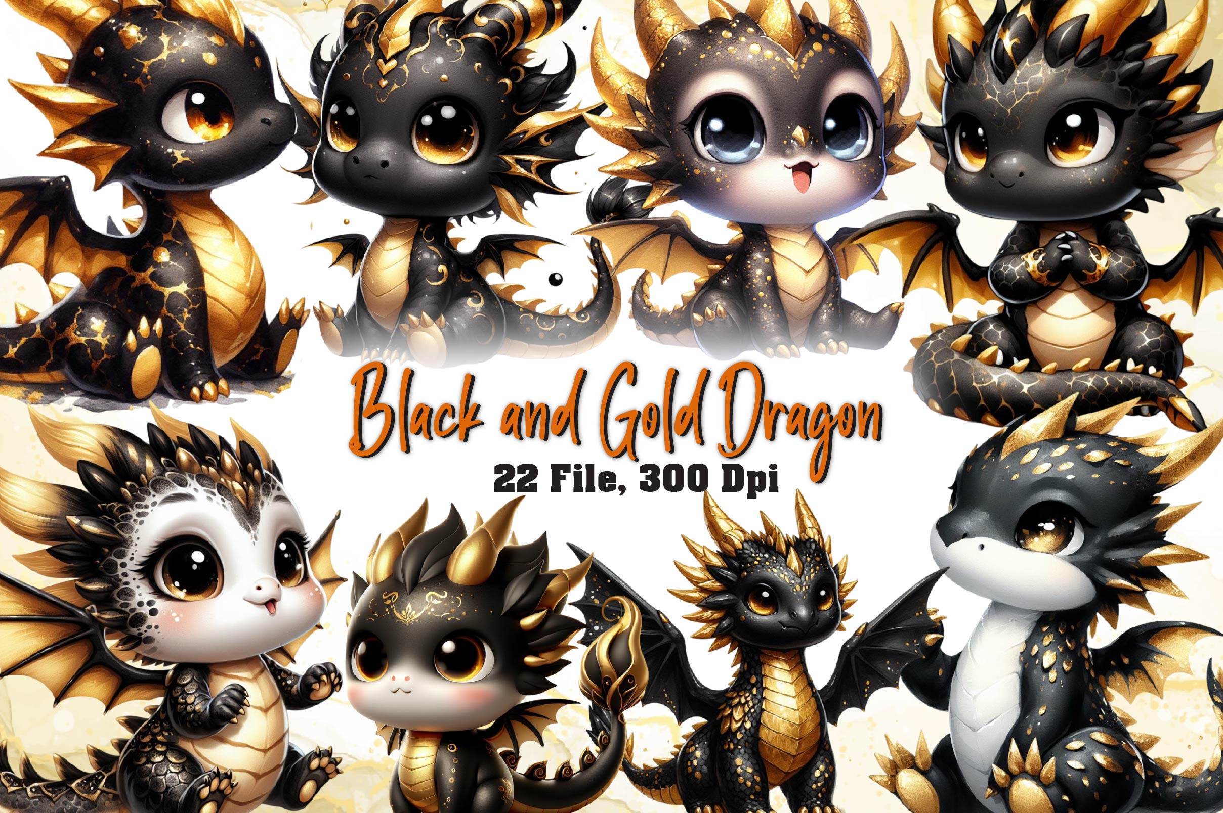 Cute Black And Gold Baby Dragon Clipart Bundle