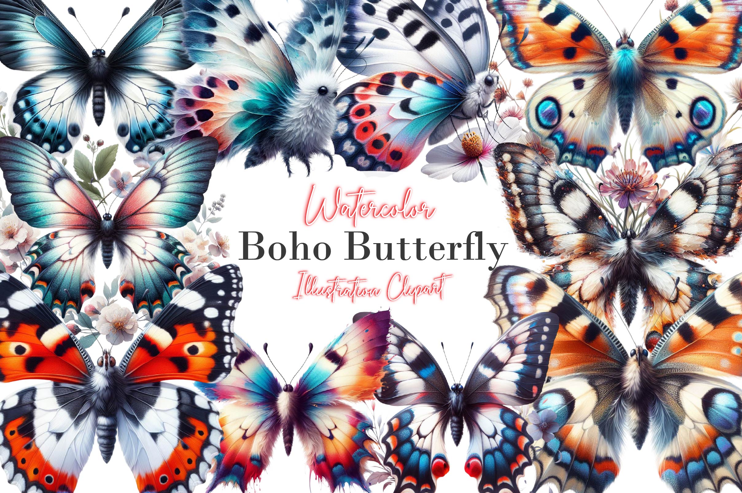 Boho Flower Butterfly Clipart Bundle