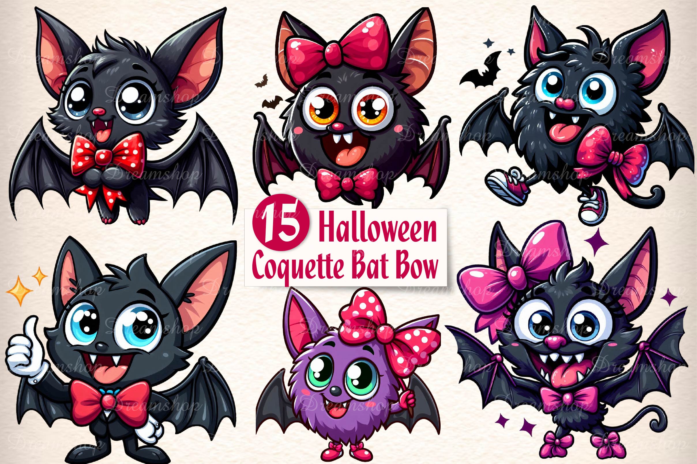 Cute Coquette Bat Bow Halloween Clipart Bundle