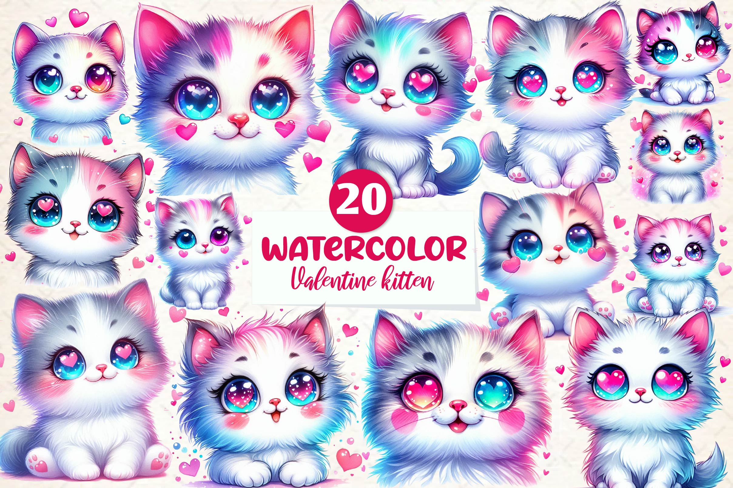 Cute Valentine Kitten Clipart Bundle