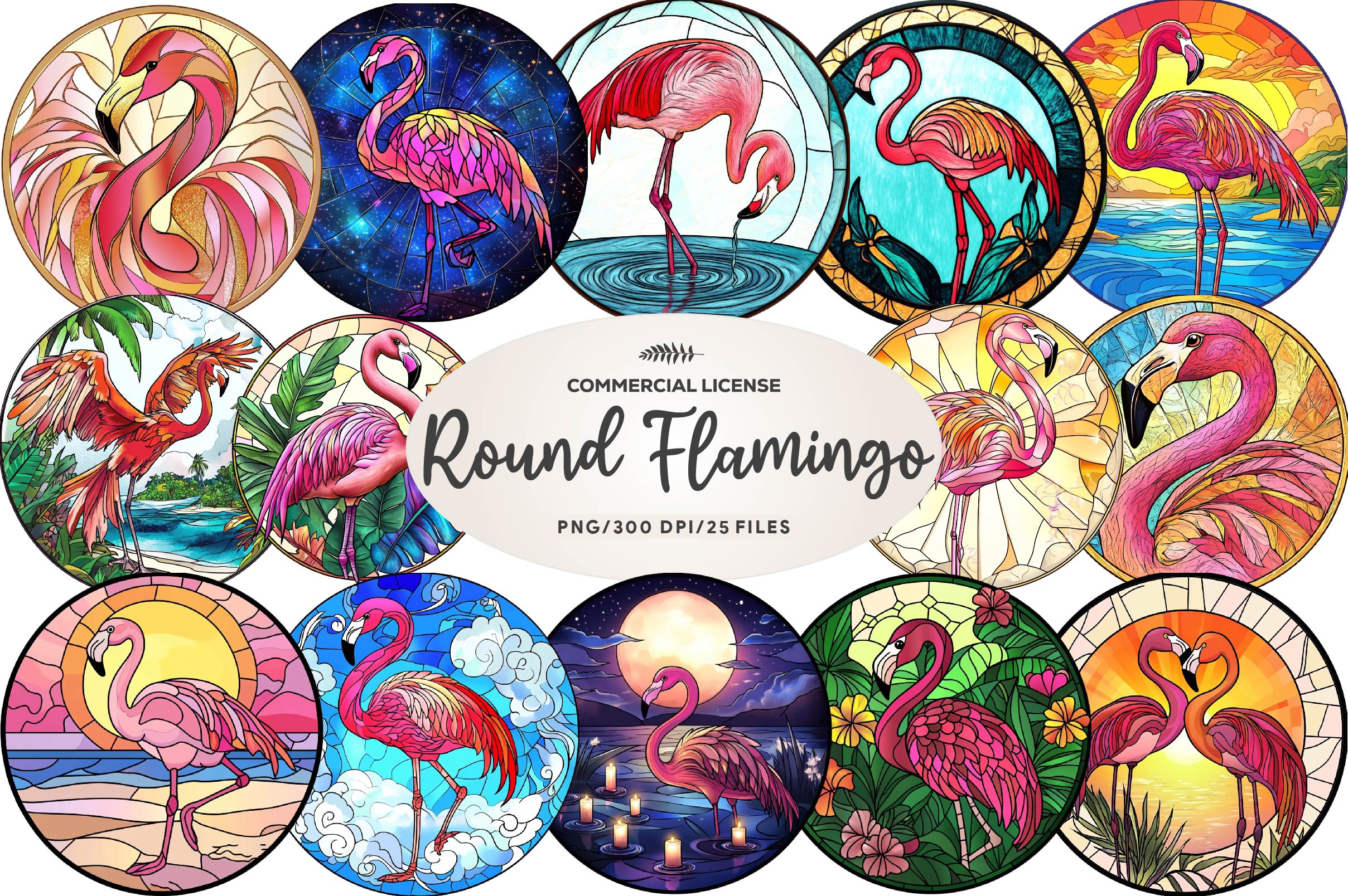 Round Stained Glass Flamingo Clipart Bundle