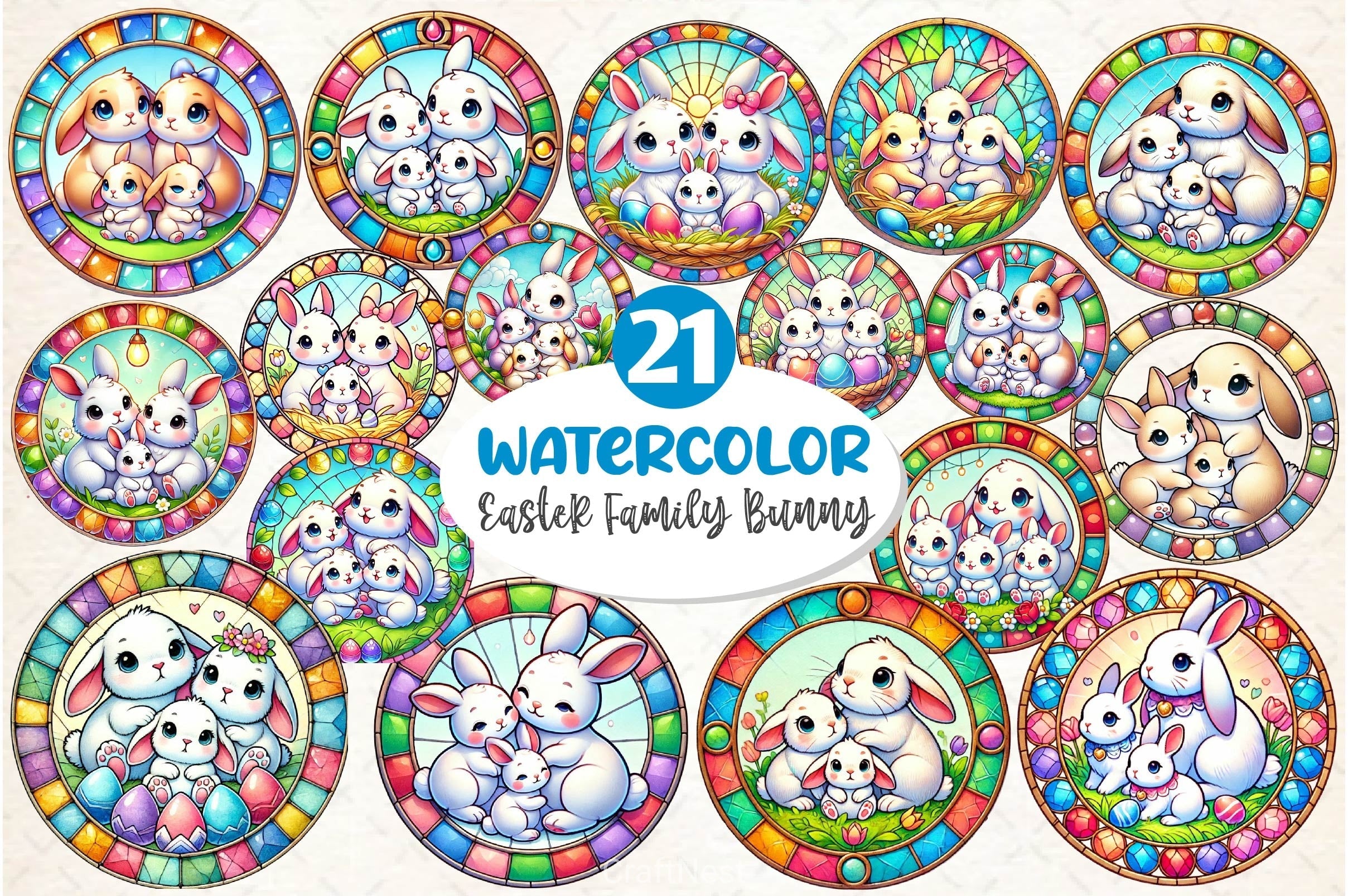 Easter Stained Glass Family Bunny Clipart Bundle