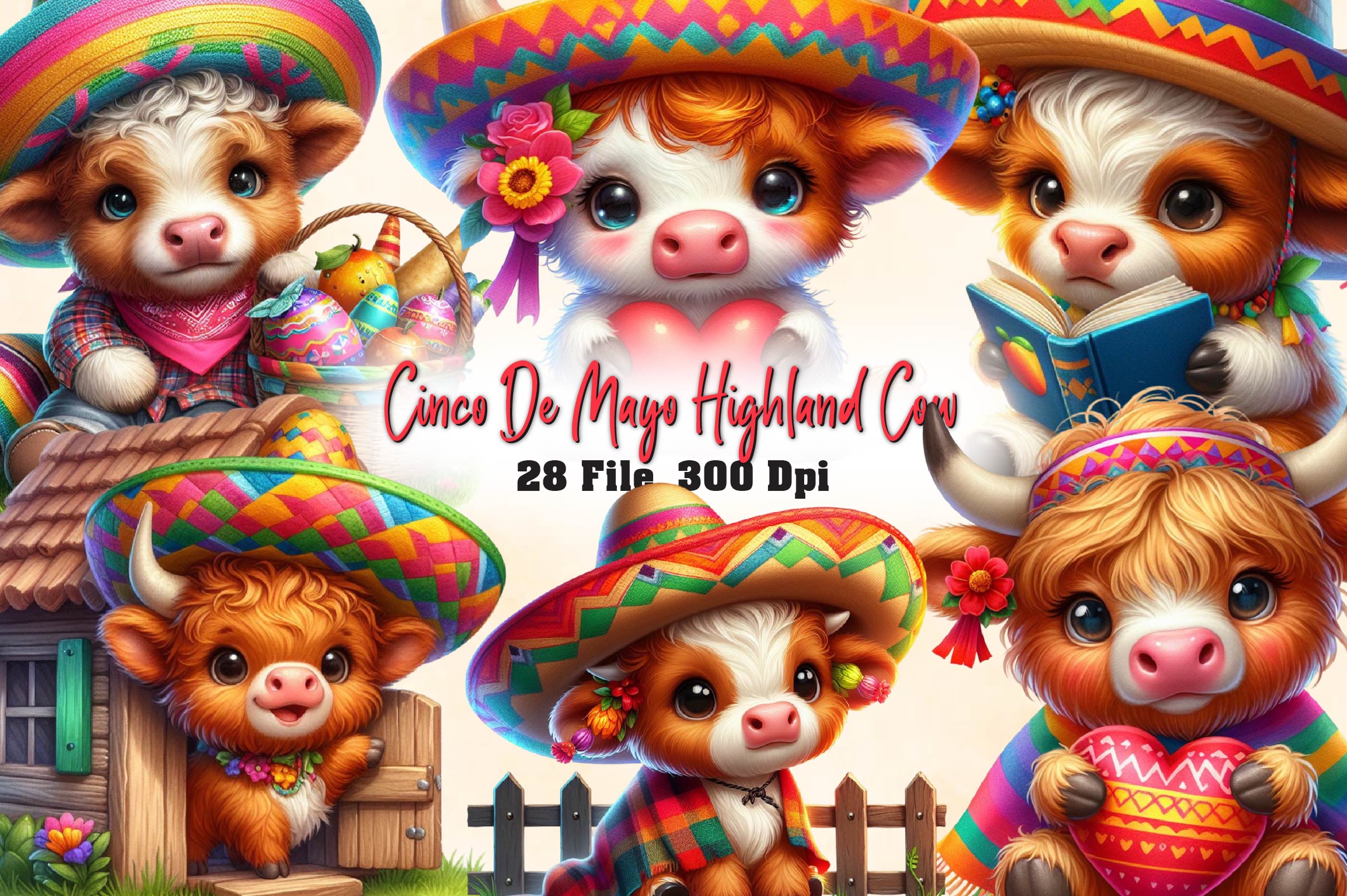 Cinco De Mayo Highland Cow Clipart Bundle 1