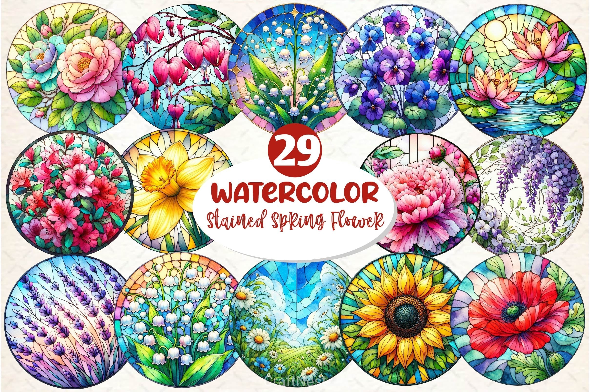 Round Stained Glass Spring Flower Clipart Bundle