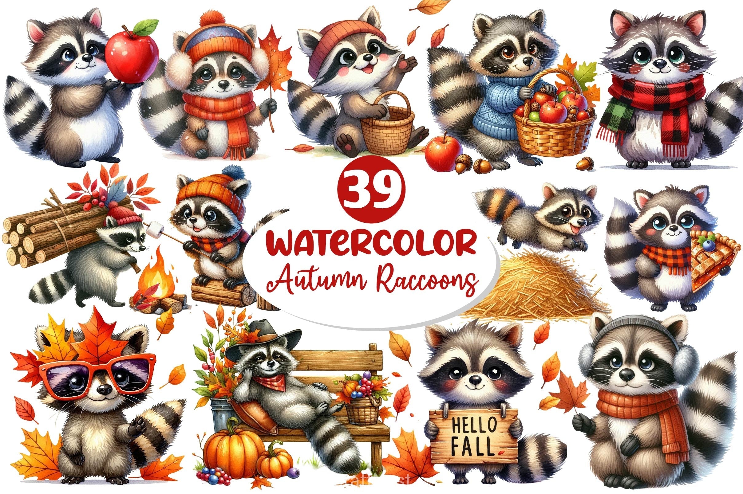 Autumn Raccoons Clipart Bundle 4