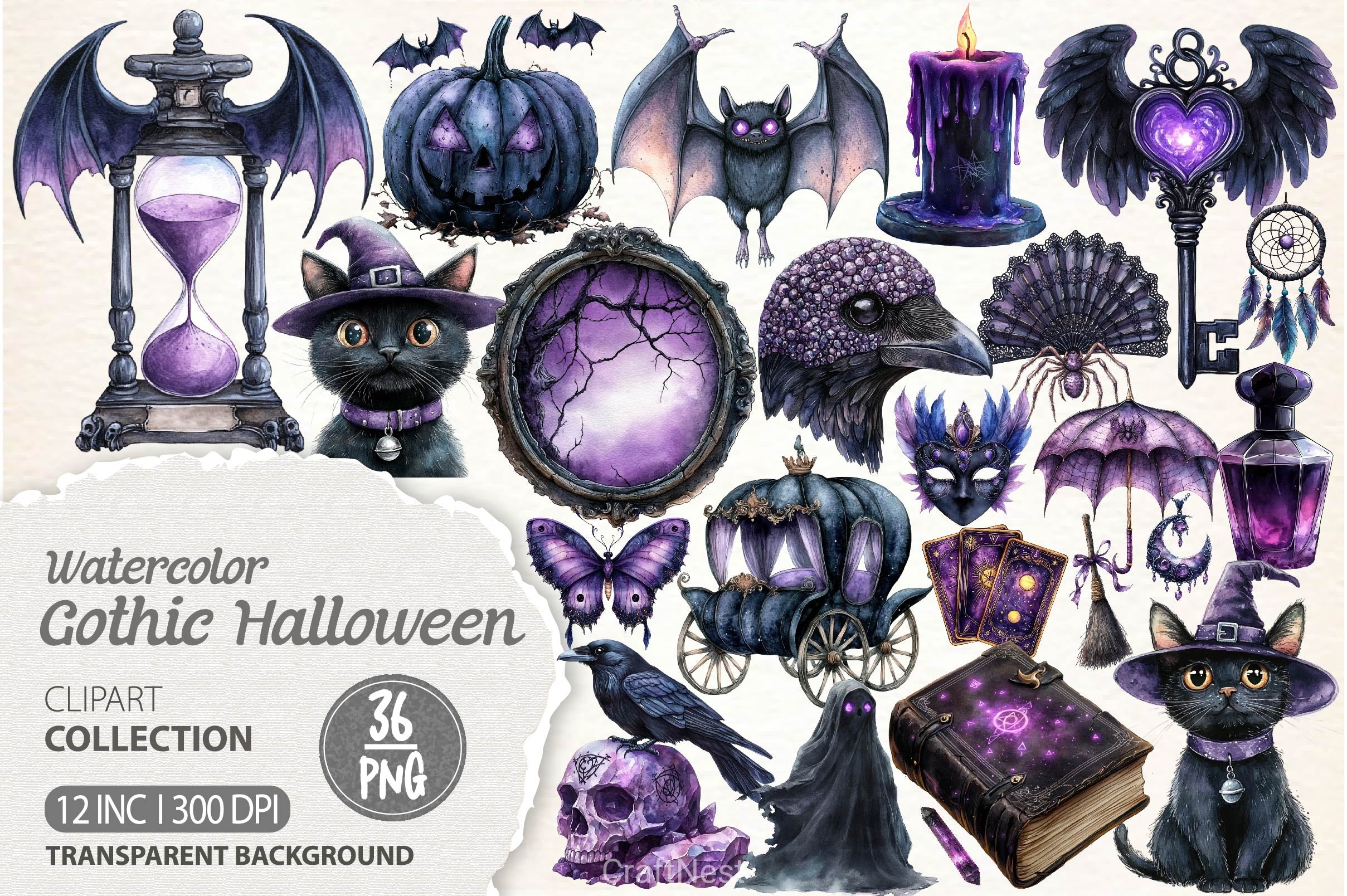 Black Purple Gothic Halloween Clipart Bundle