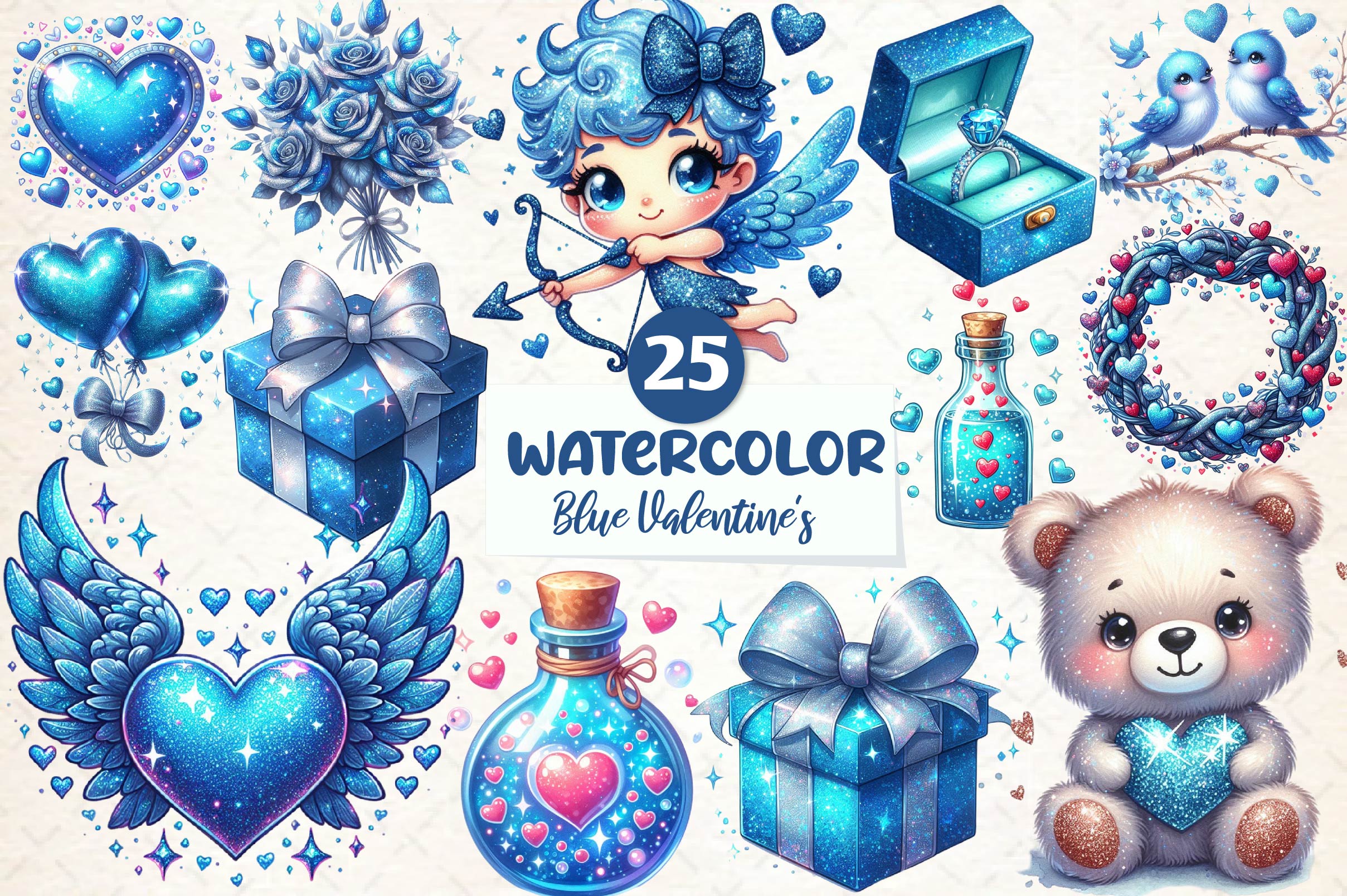 Blue Valentines Day Clipart Bundle