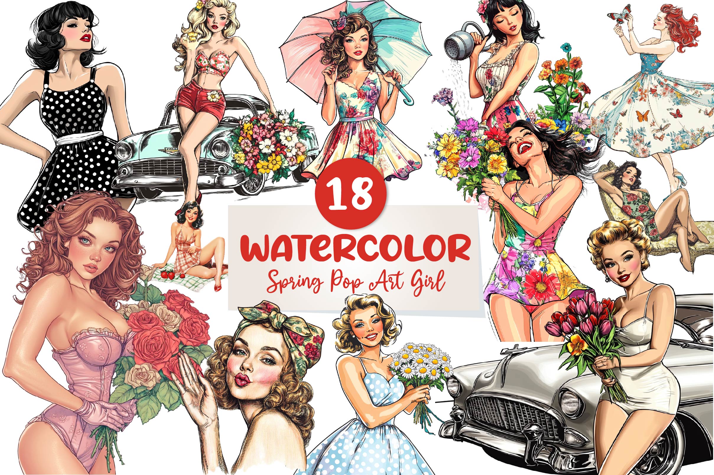 Spring Pop Art Girl Clipart Bundle