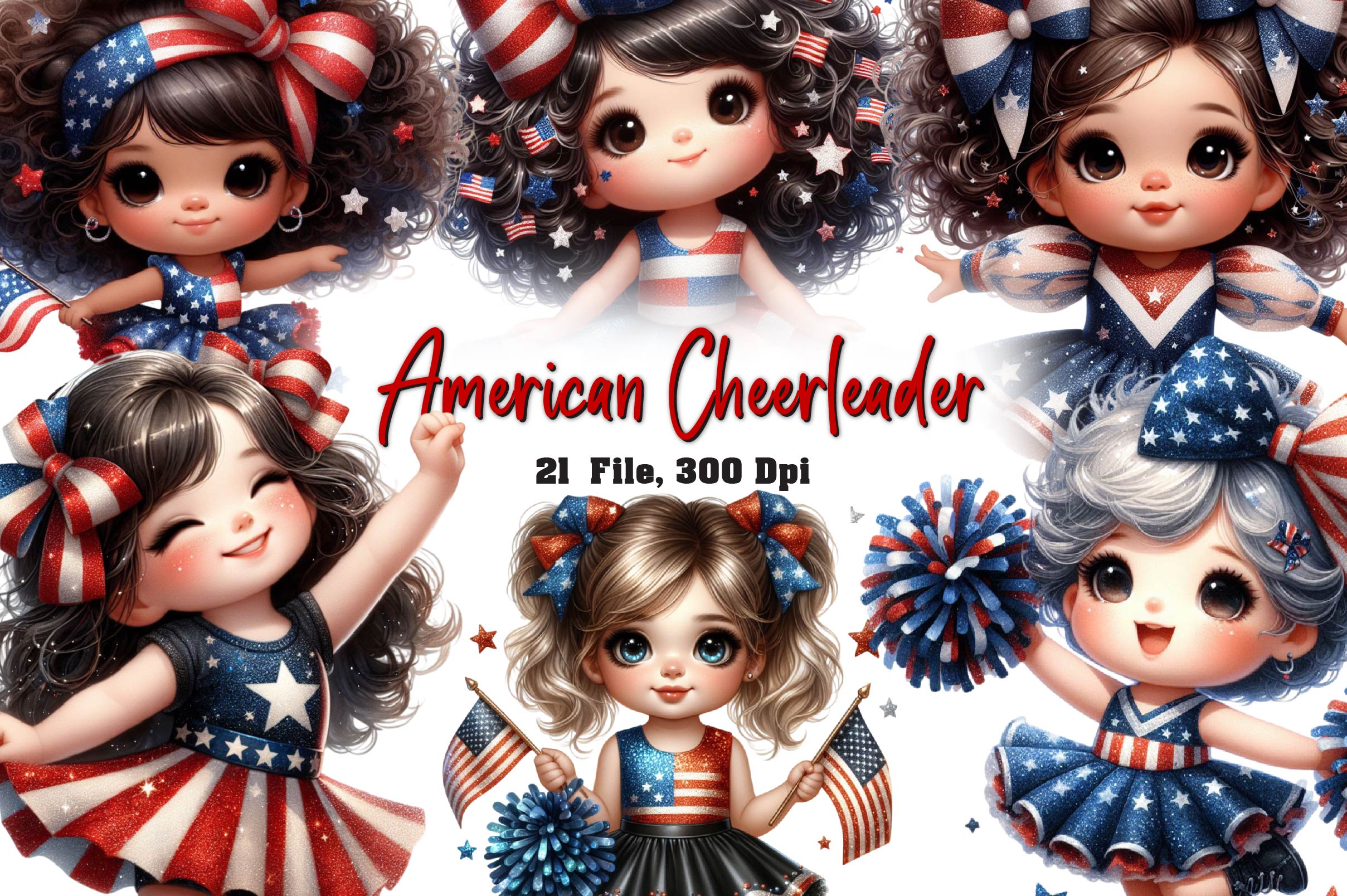 Cheerleader 4th Of July Clipart Bundle